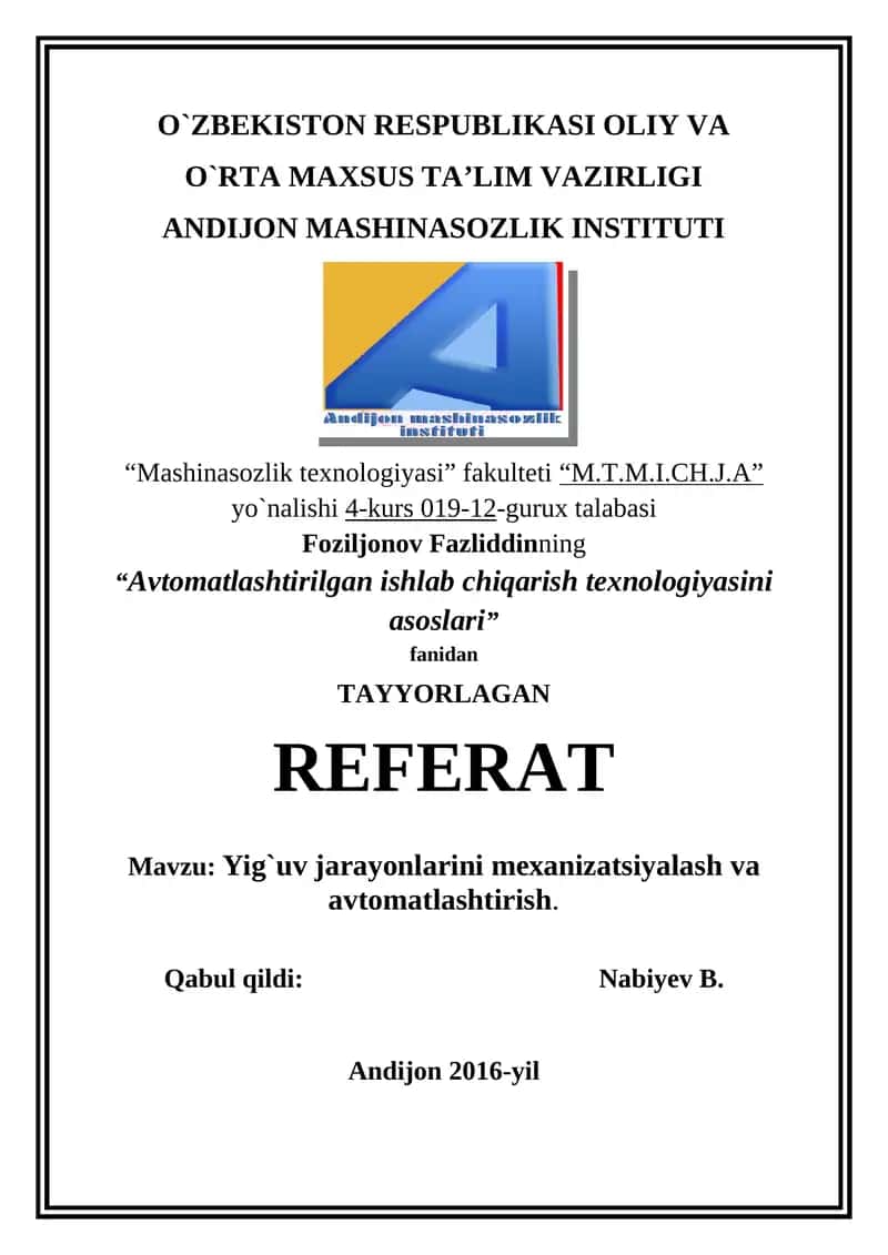 Avtomatlashtirilgan ishlab chiqarish tехnologiyasini asoslari