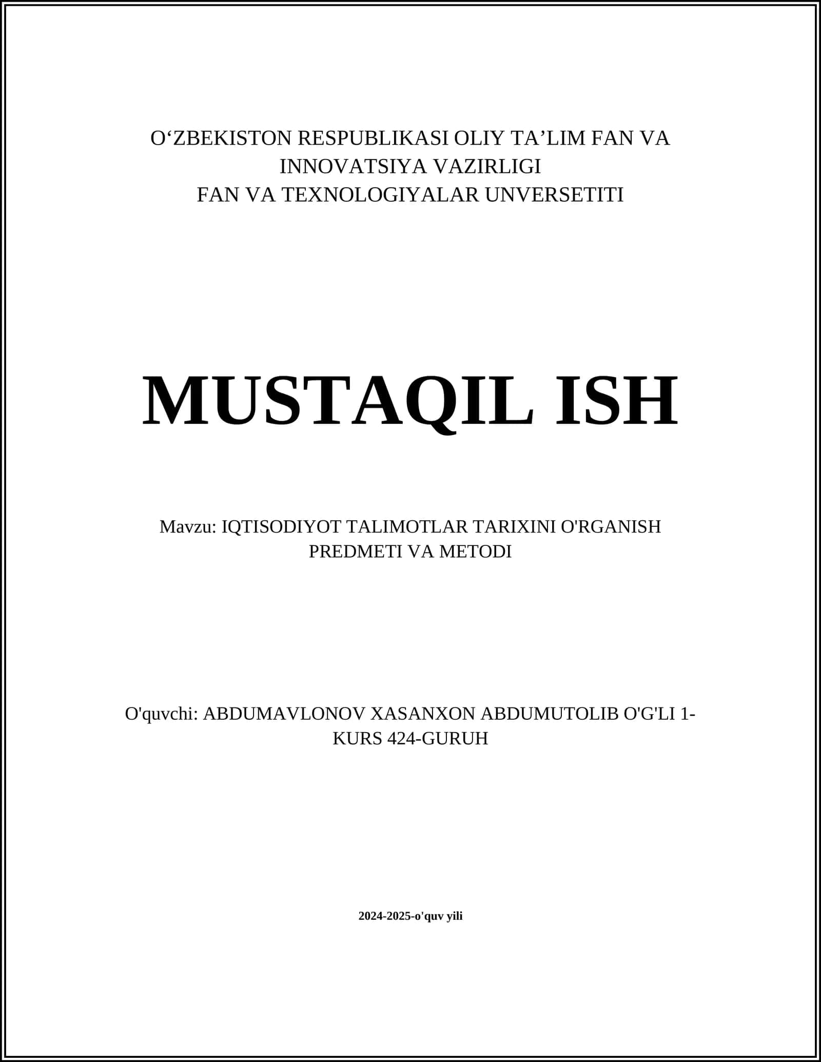 IQTISODIYOT TALIMOTLAR TARIXINI O'RGANISH PREDMETI VA METODI