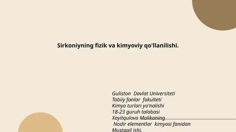 Nodir elementlar kimyosi fanidan Mustaqil ish