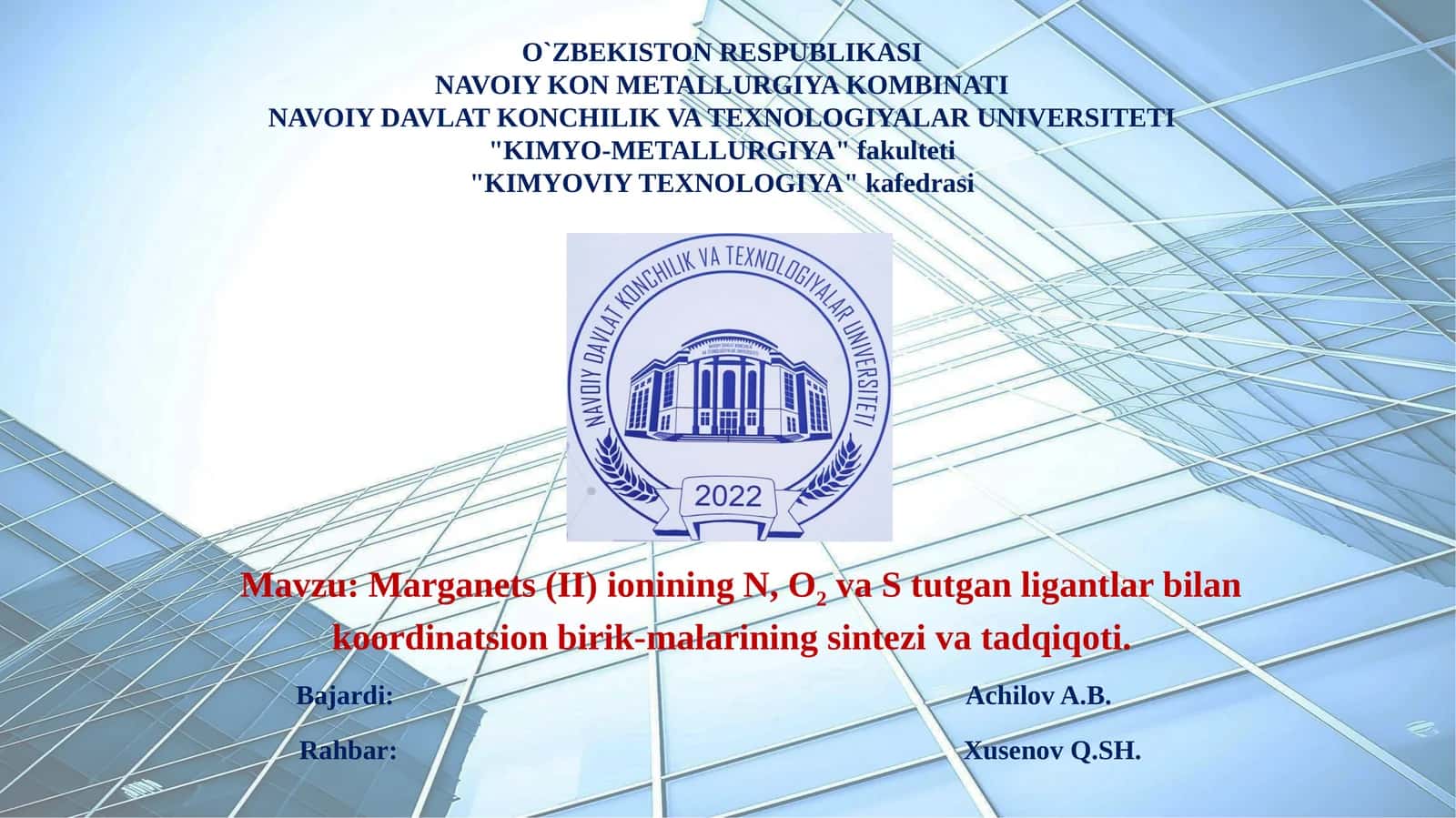 Marganets(II)ionining N, O2 va Stutganligan tlar bilan koordinatsion birik-malari ning sintezivati addqiqoti