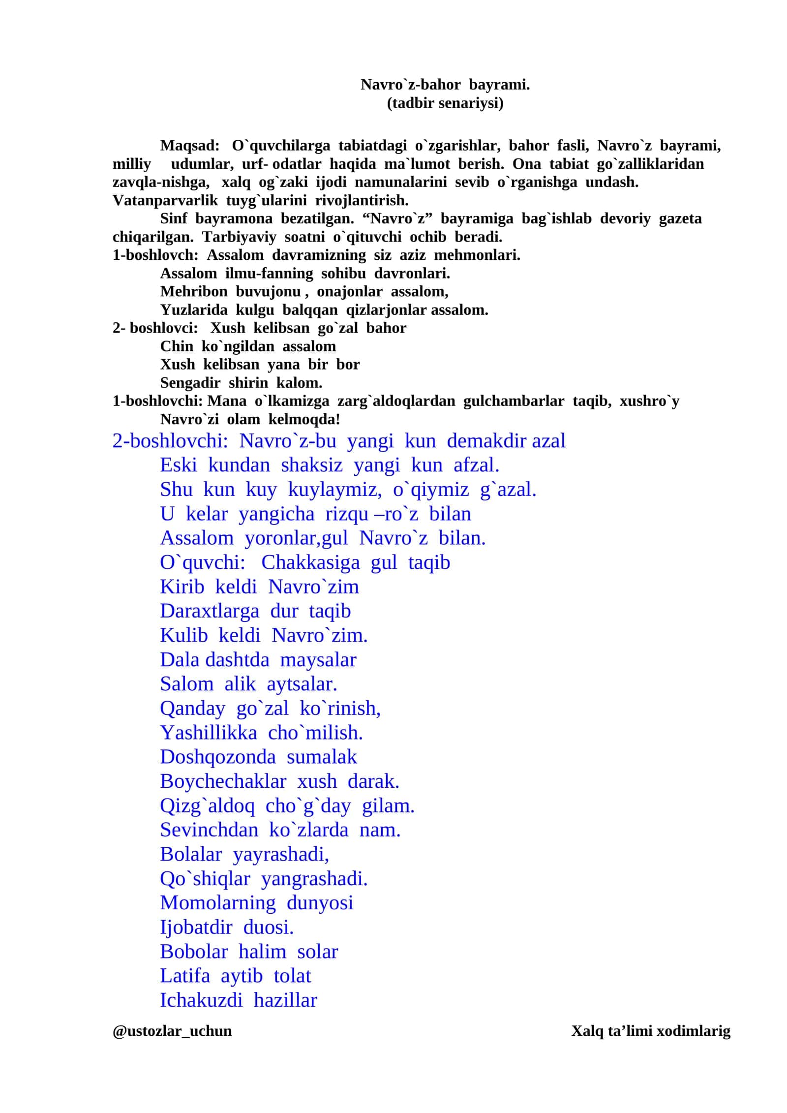 Navro`z-bahor bayrami. (tadbir senariysi)
