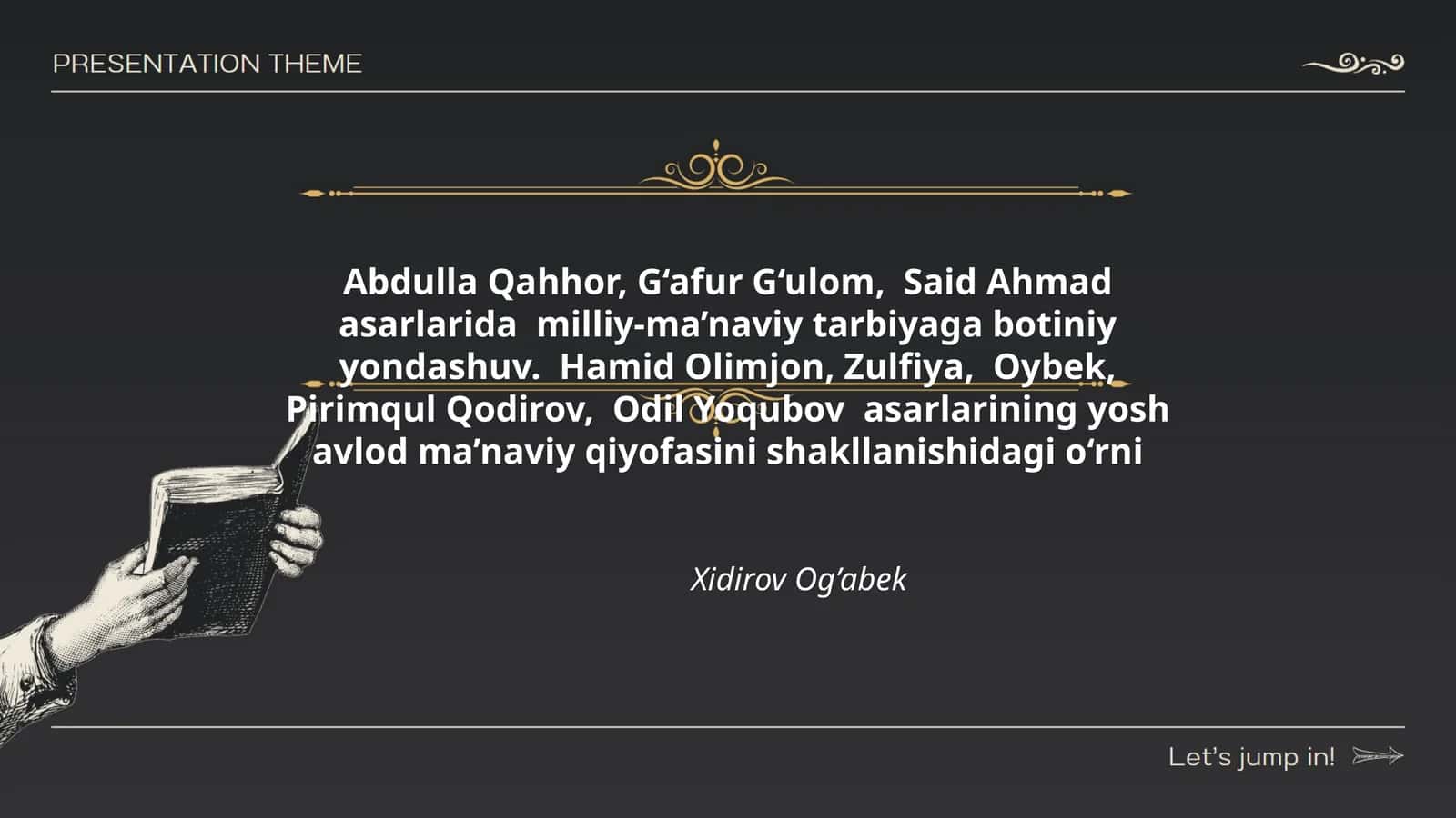 Abdulla Qahhor, G‘afur G‘ulom, Said Ahmad asarlarida milliy-ma’naviy tarbiyaga botiniy yondashuv. Hamid Olimjon, Zulfiya, Oybek, Pirimqul Qodirov, Odil Yoqubov asarlarining yosh avlod ma’naviy qiyofasini shakllanishidagi o‘rni