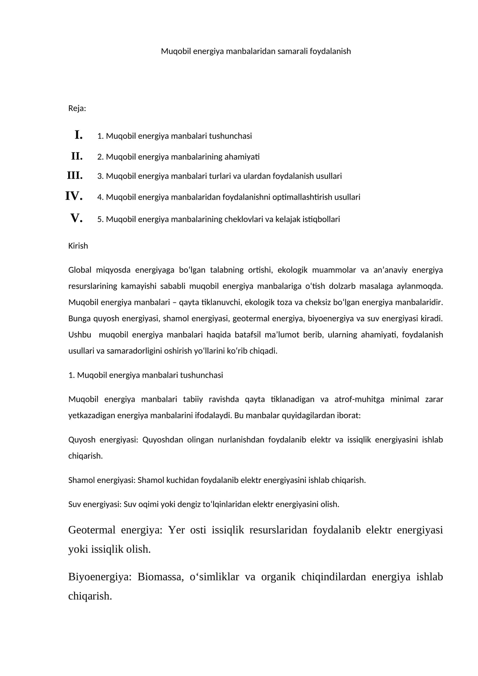Muqobil energiya manbalaridan samarali foydalanish