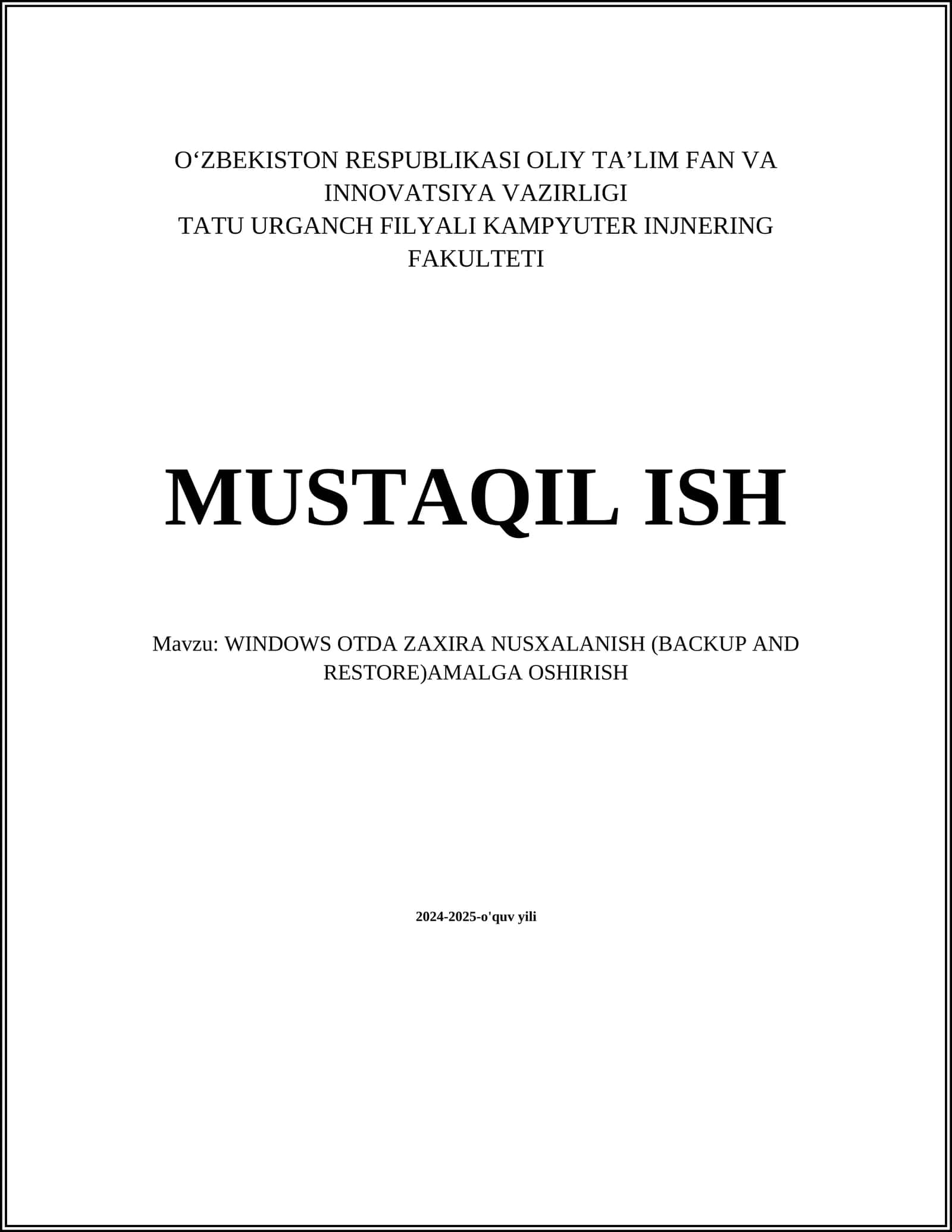 Windows OTDA Zaxira Nusxalanish (Backup and Restore) Amalga Oshirish