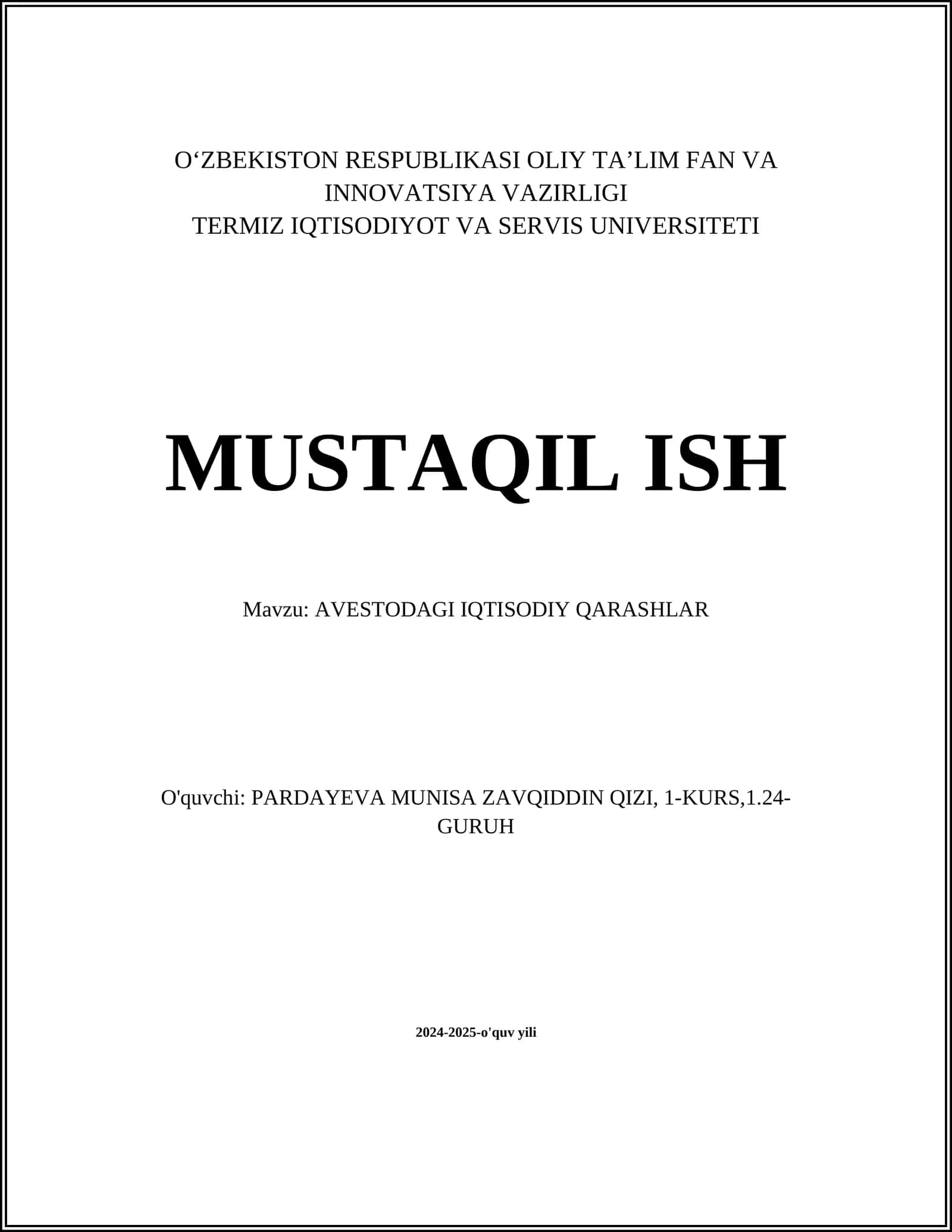 AVESTODAGI IQTISODIY QARASHLAR