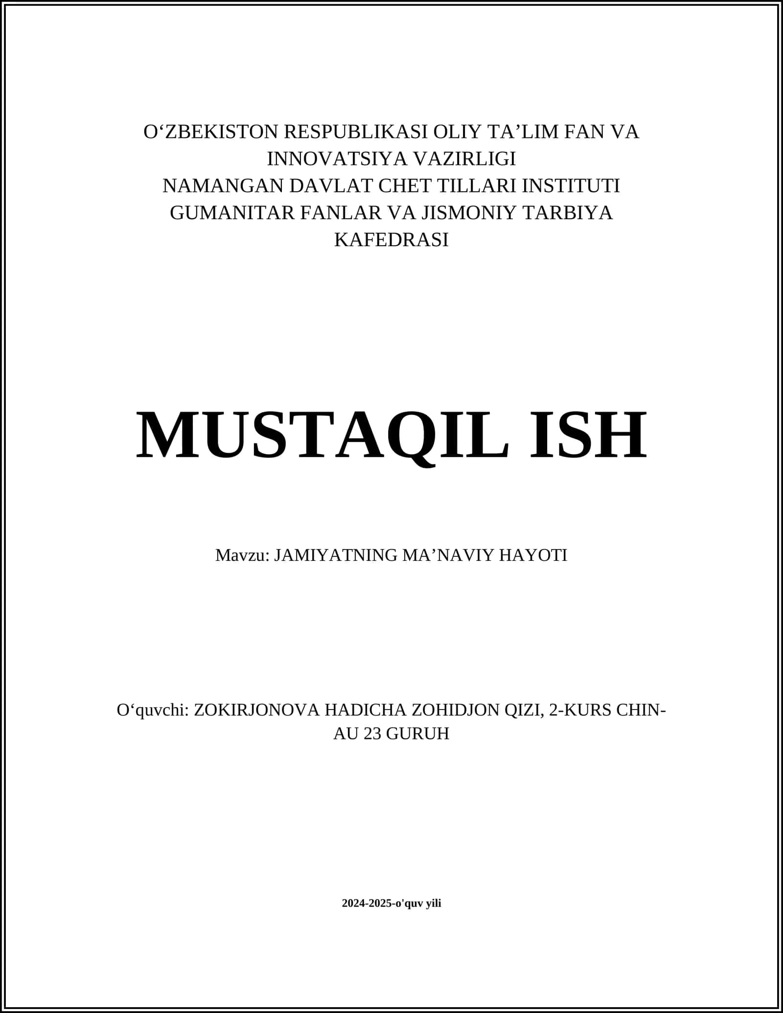 JAMIYATNING MA’NAVIY HAYOTI