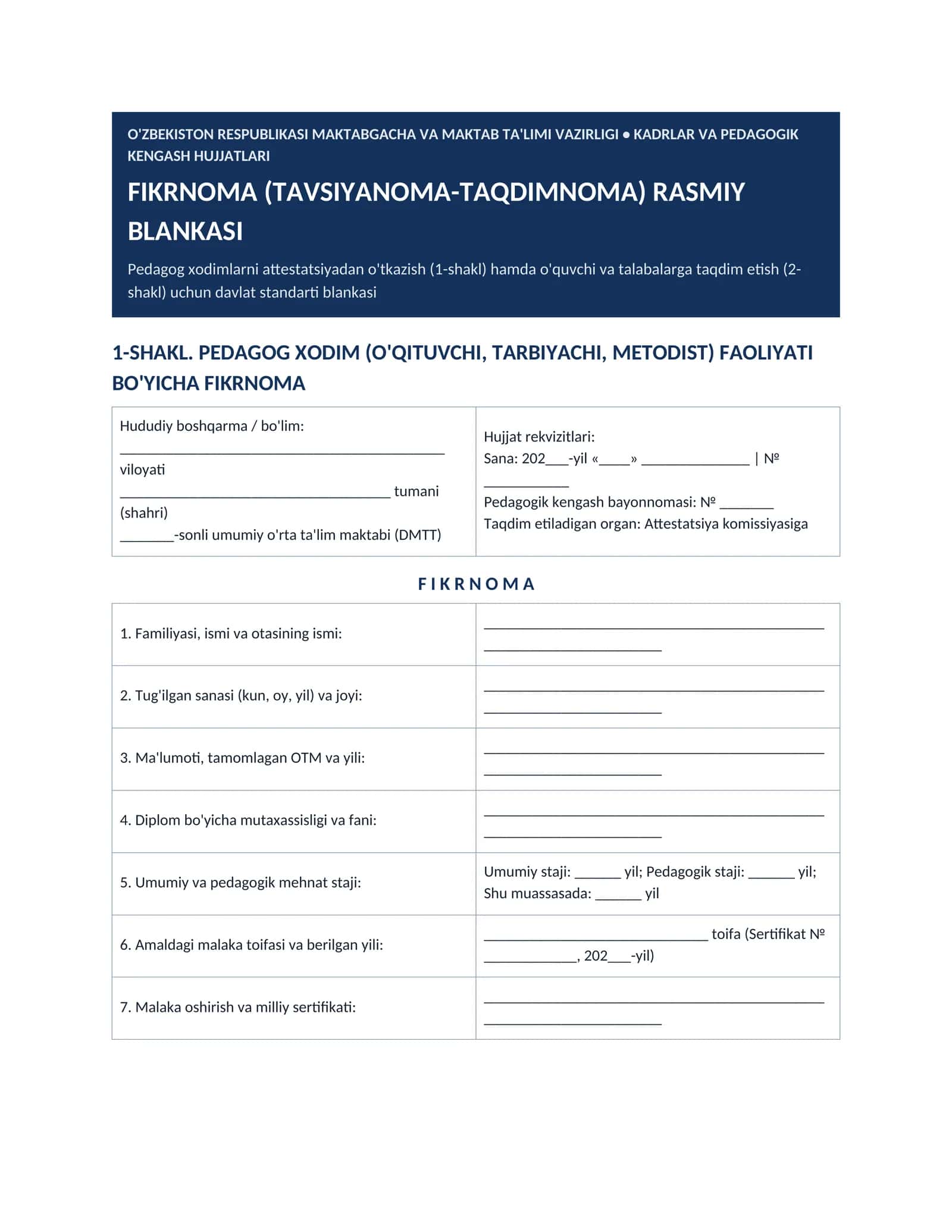 FIKRNOMA (TAVSIYANOMA-TAQDIMNOMA)