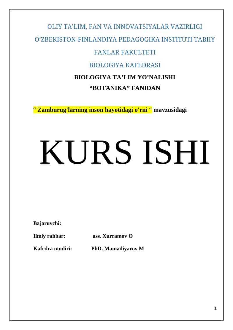 “ Zamburug'larning inson hayotidagi o'rni “