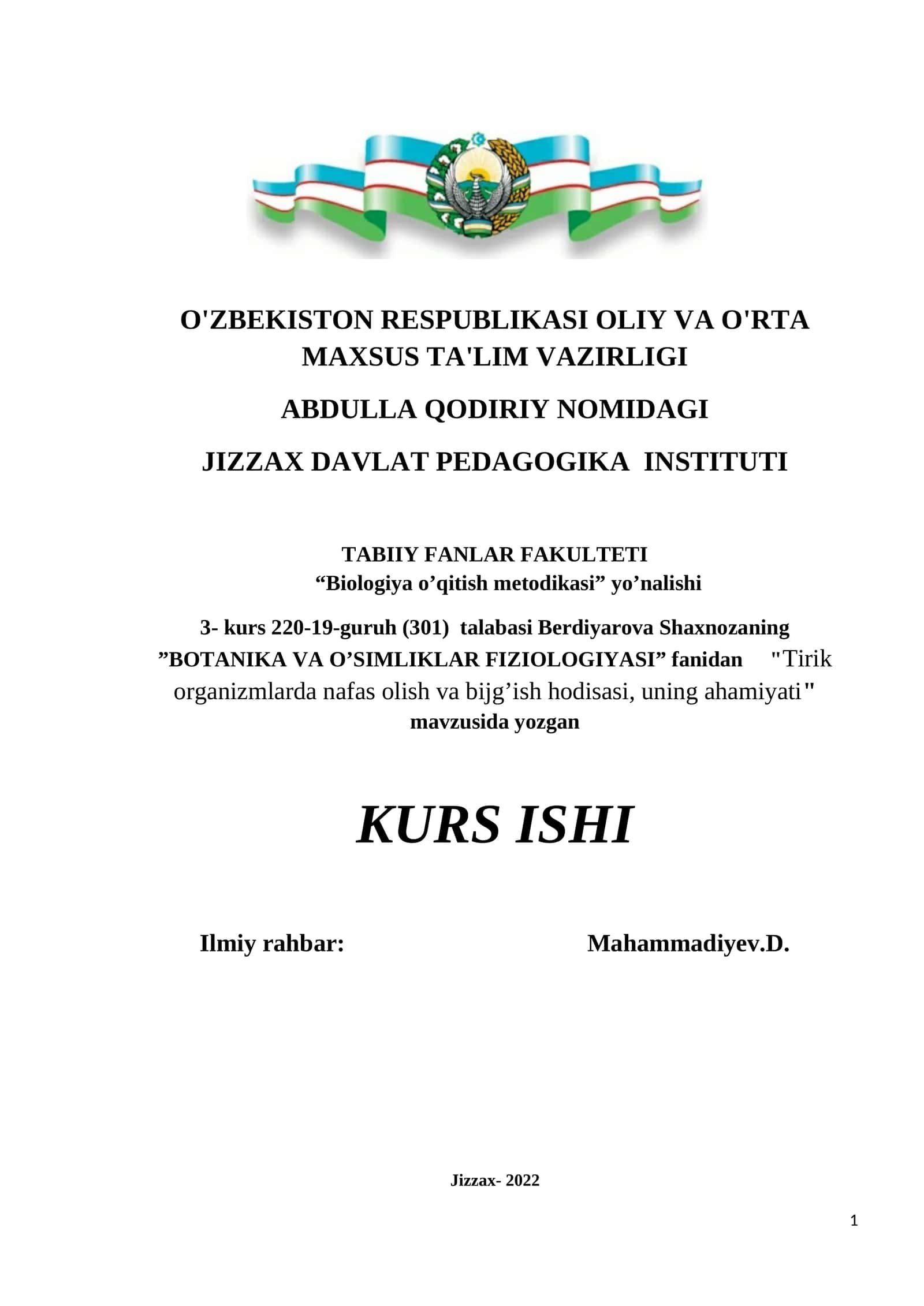 Tirik organizmlarda nafas olish va bijg’ish hodisasi, uning ahamiyati kurs ishi