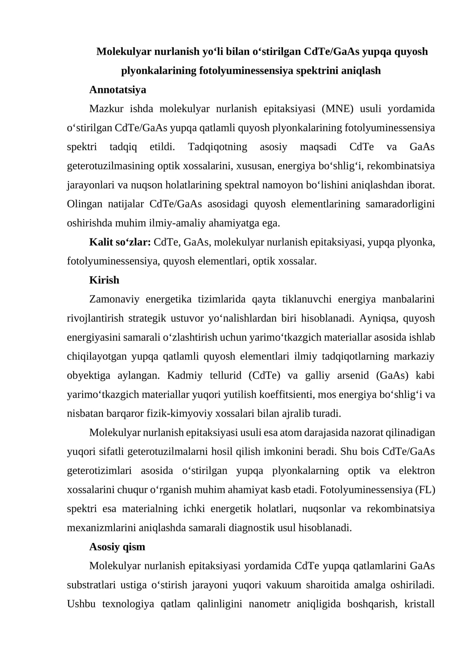Molekulyar nurlanish yo‘li bilan o‘stirilgan CdTe/GaAs yupqa quyosh plyonkalarining fotolyuminessensiya spektrini aniqlash