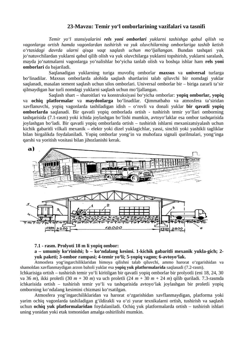 Temir yo‘l omborlarining vazifalari va tasnifi