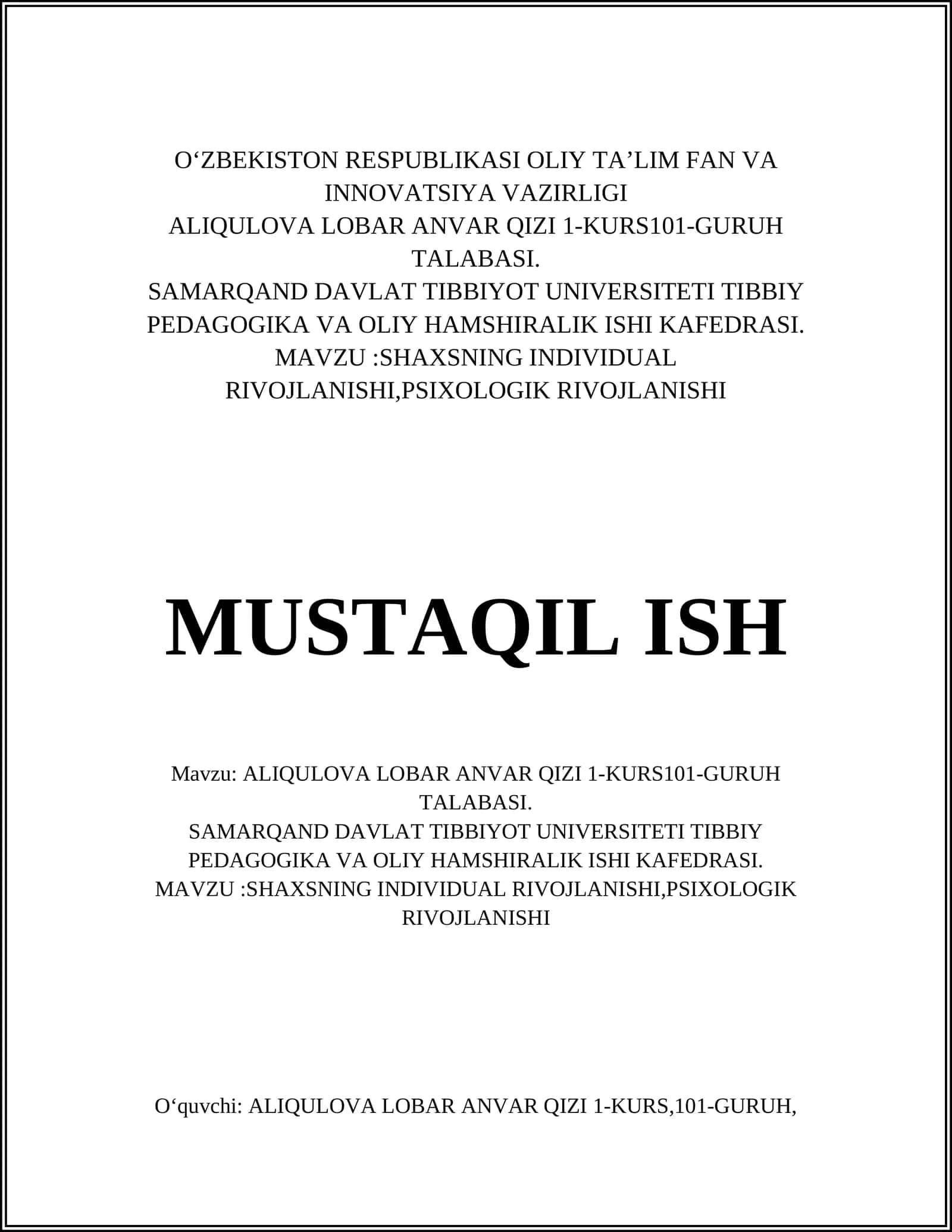 ALIQULOVA LOBAR ANVAR QIZI 1-KURS101-GURUH TALABASI