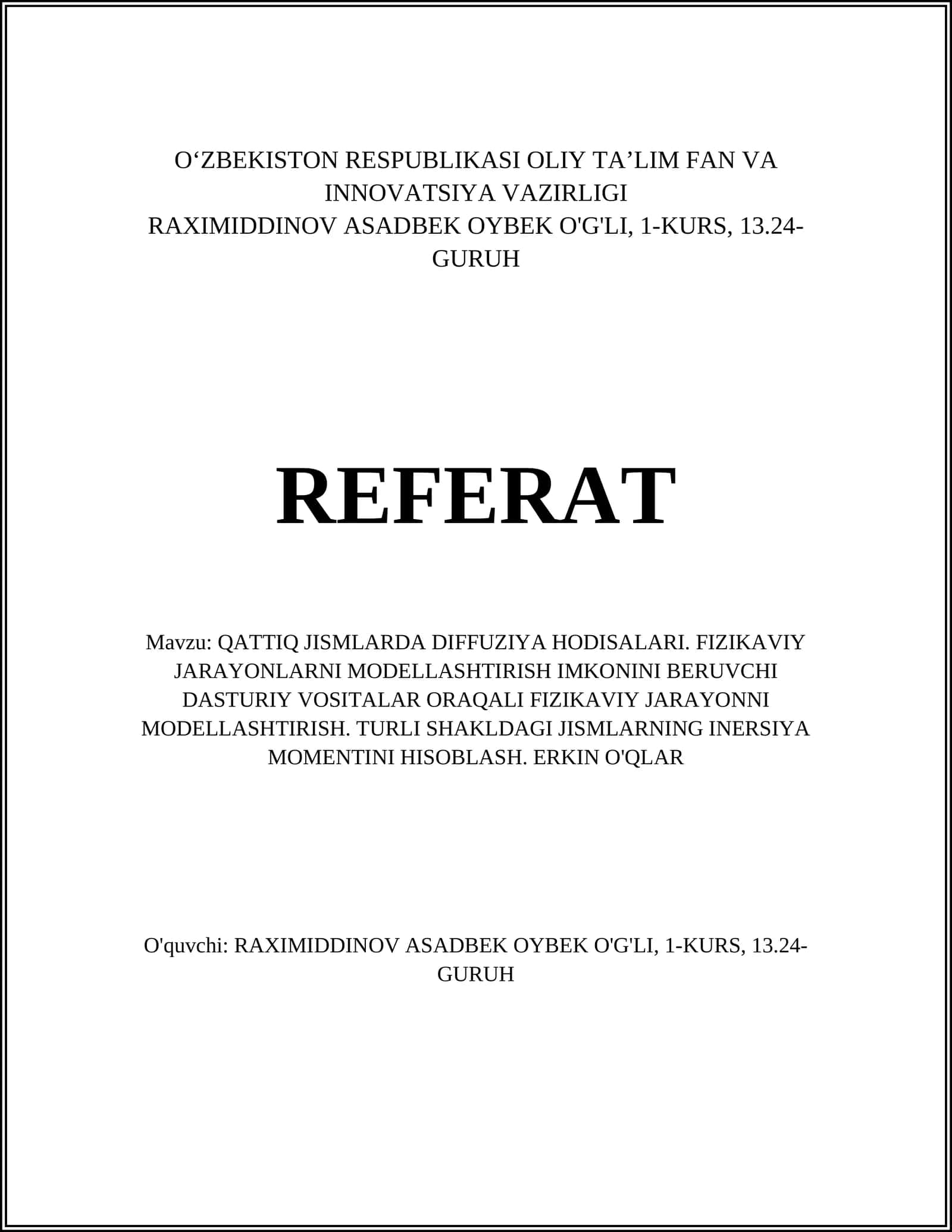 QATTIQ JISMLARDA DIFFUZIYA HODISALARI
