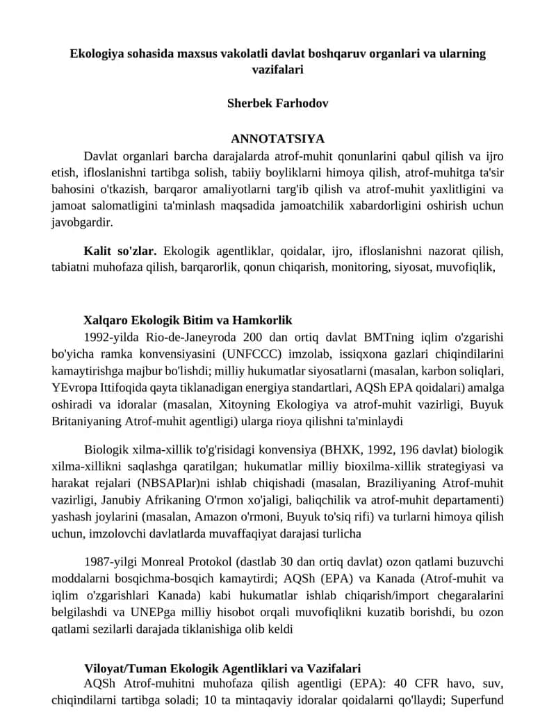 Ekologiya sohasida maxsus vakolatli davlat boshqaruv organlari va ularning vazifalari