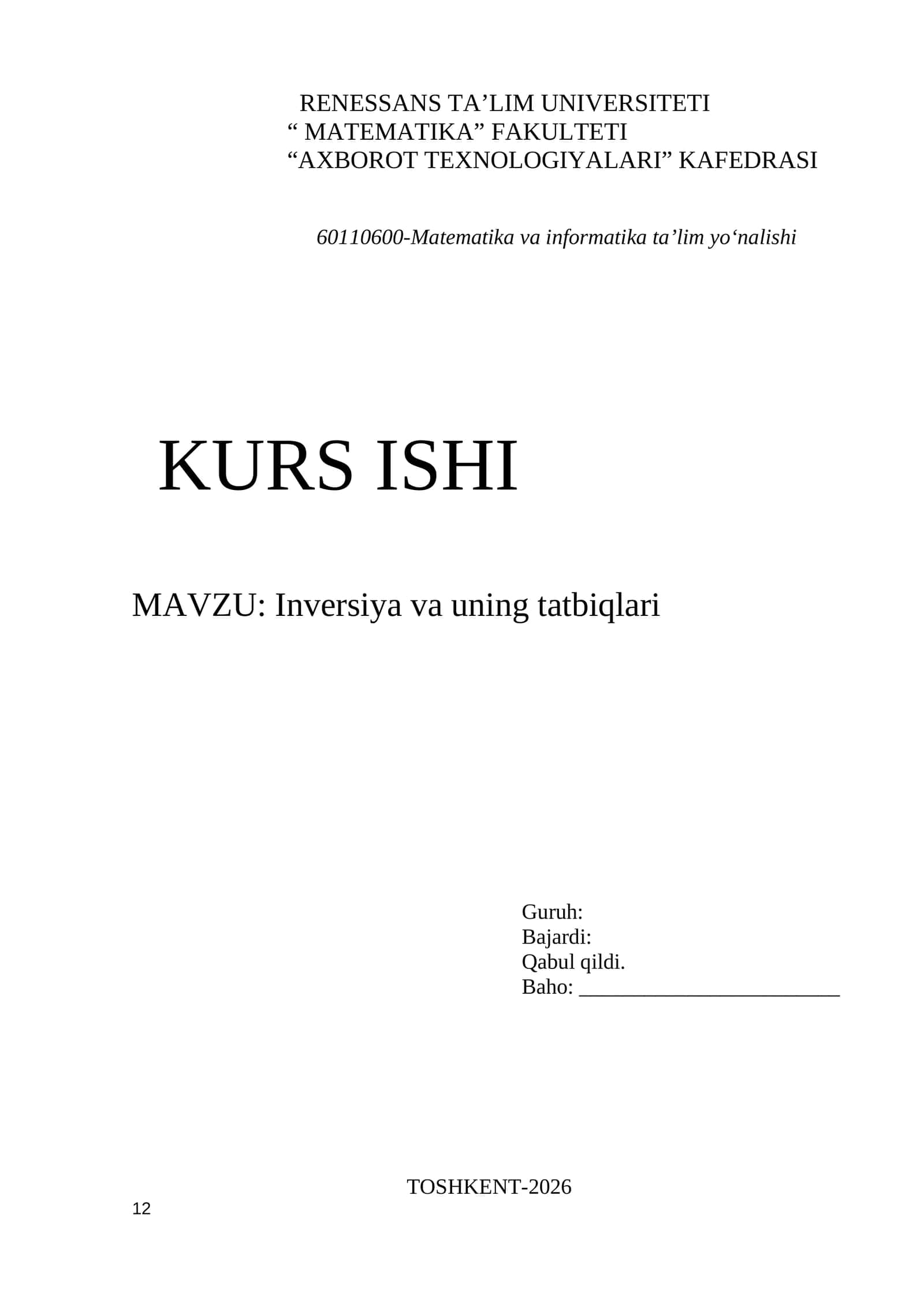 Matematika va informatika ta'lim yo‘nalishi - Inversiya va uning tatbiqlari