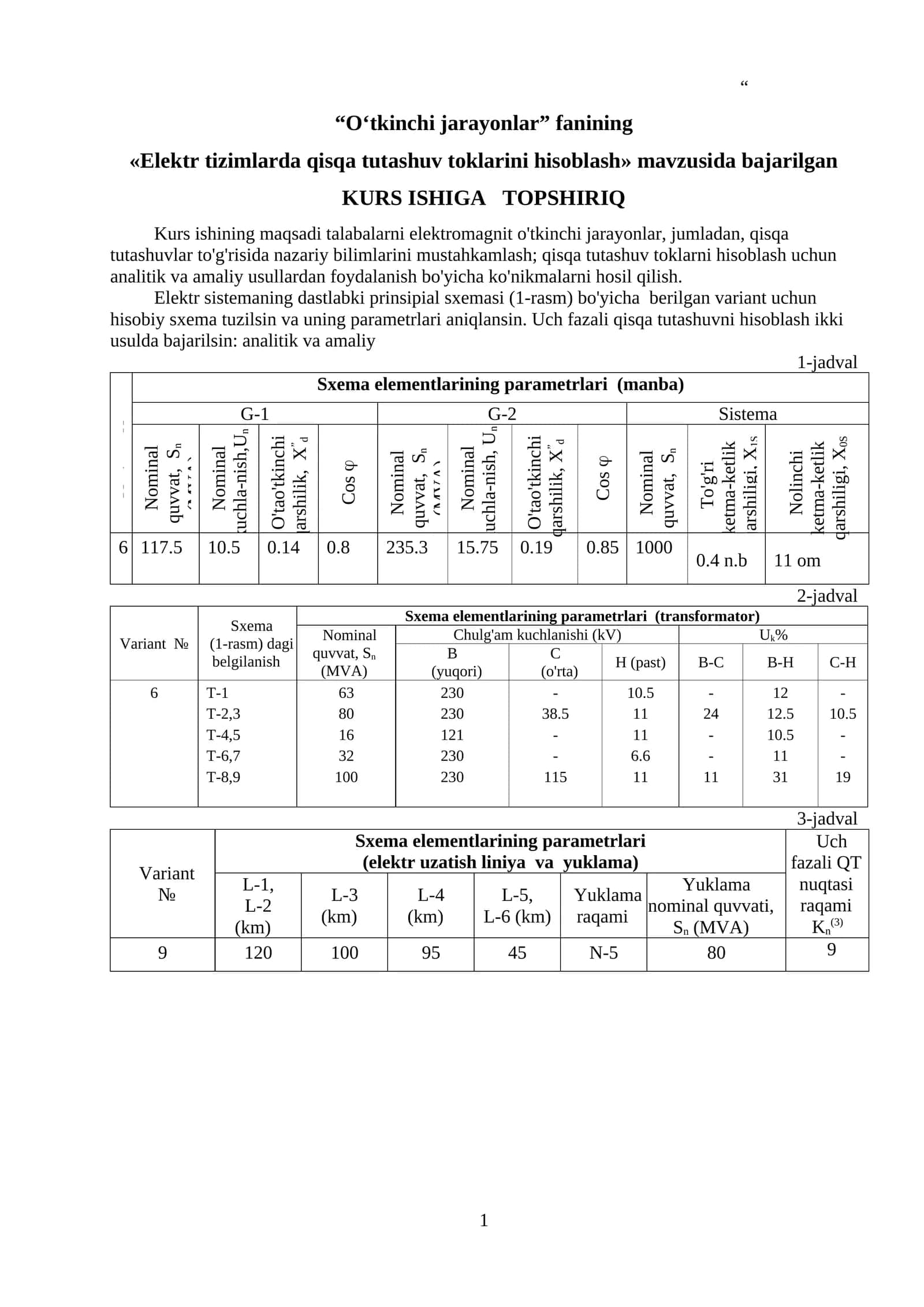 Elektr tizimlarda qisqa tutashuv toklarini hisoblash