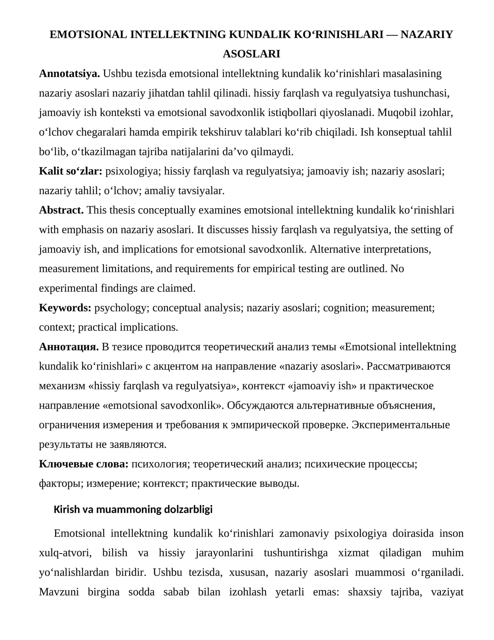 EMOTSIONAL INTELLEKTNING KUNDALIK KO‘RINISHLARI — NAZARIY ASOSLARI