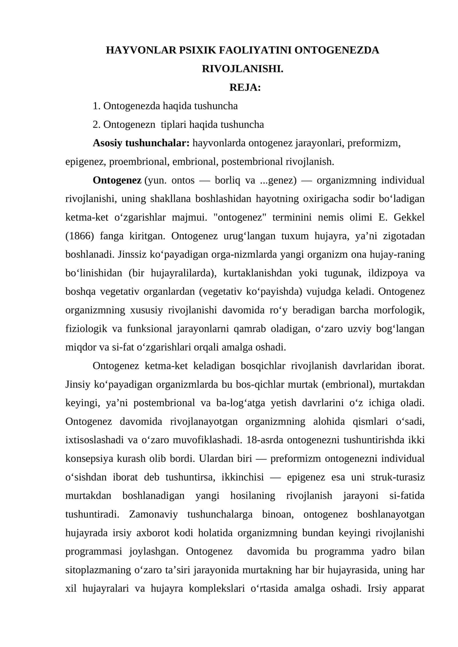 HAYVONLAR PSIXIK FAOLIYATINI ONTOGENEZDA RIVOJLANISHI