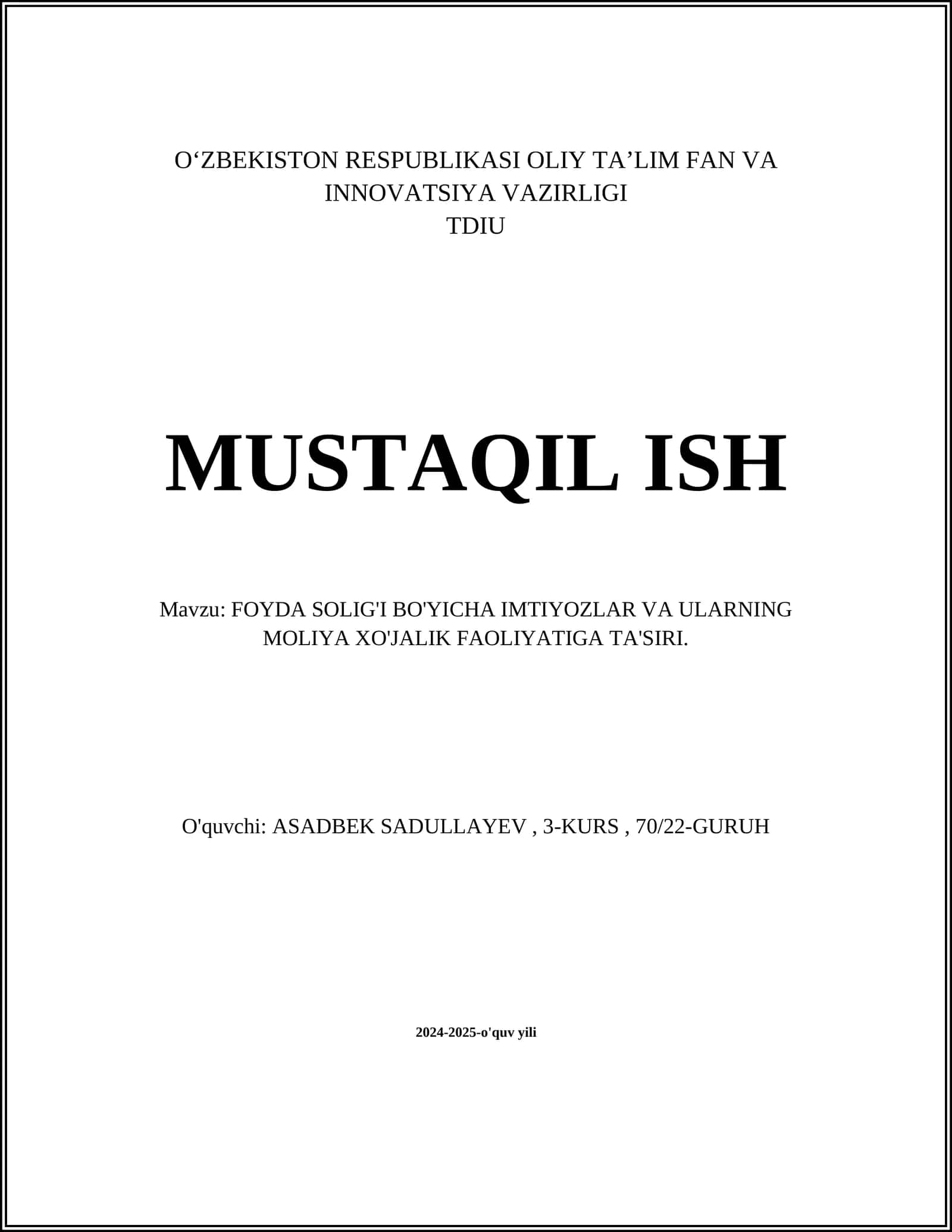 FOYDA SOLIG'I BO'YICHA IMTIYOZLAR VA ULARNING MOLIYA XO'JALIK FAOLIYATIGA TA'SIRI