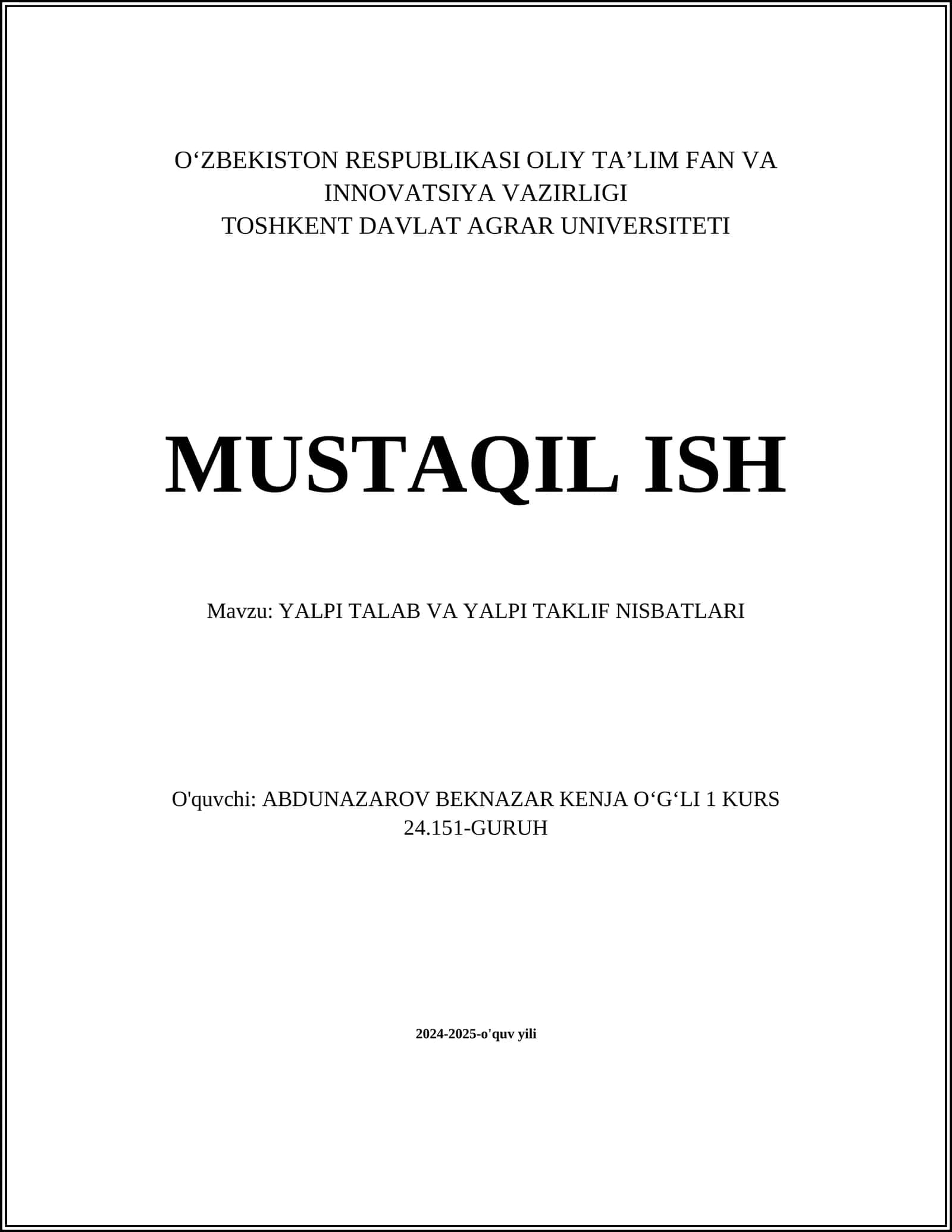 YALPI TALAB VA YALPI TAKLIF NISBATLARI