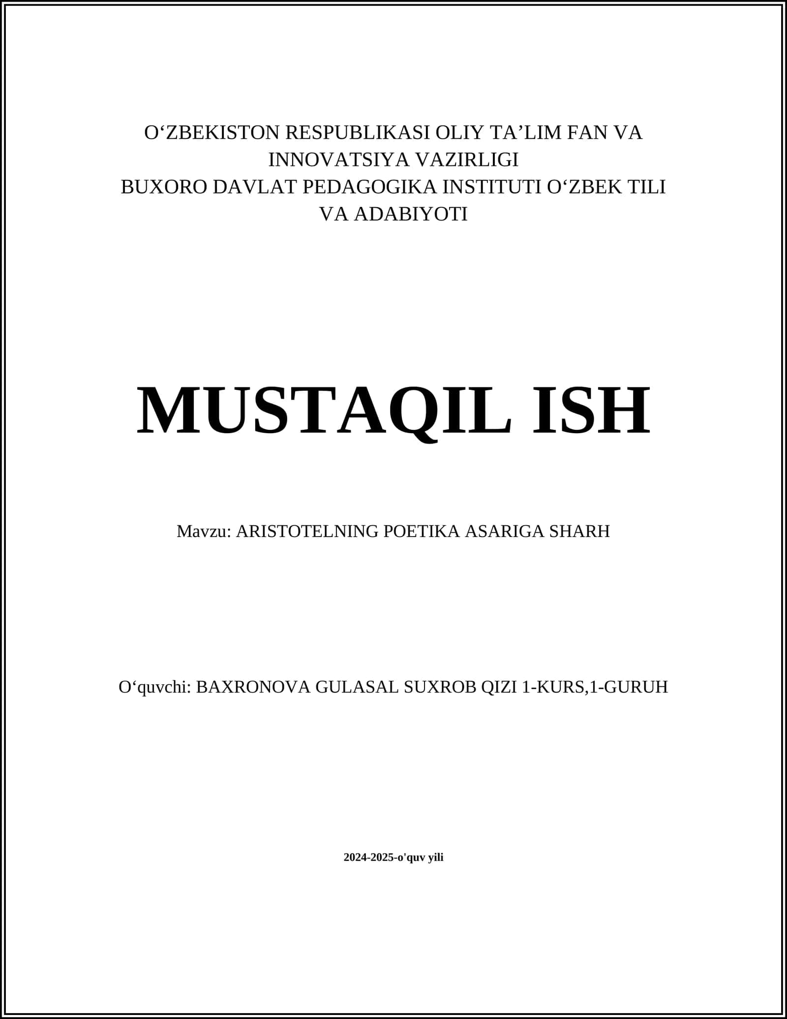 ARISTOTELNING POETIKA ASARIGA SHARH