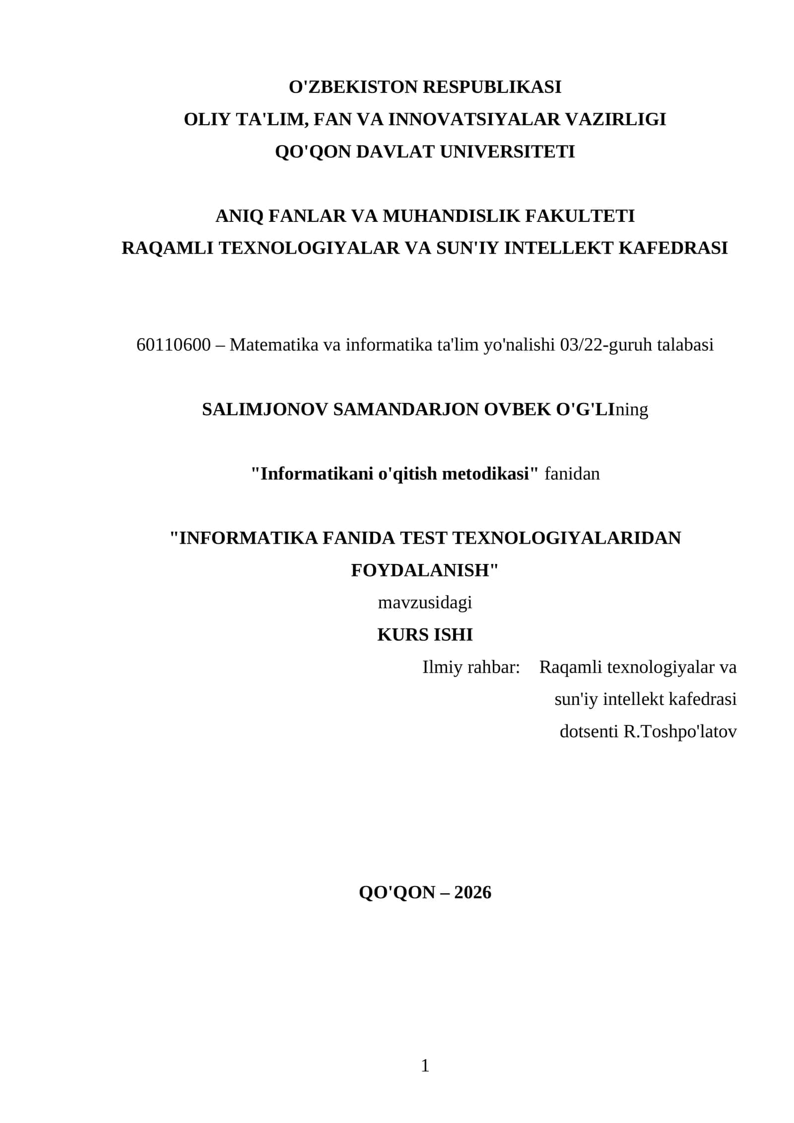 INFORMATIKA FANIDA TEST TEXNOLOGIYALARIDAN FOYDALANISH