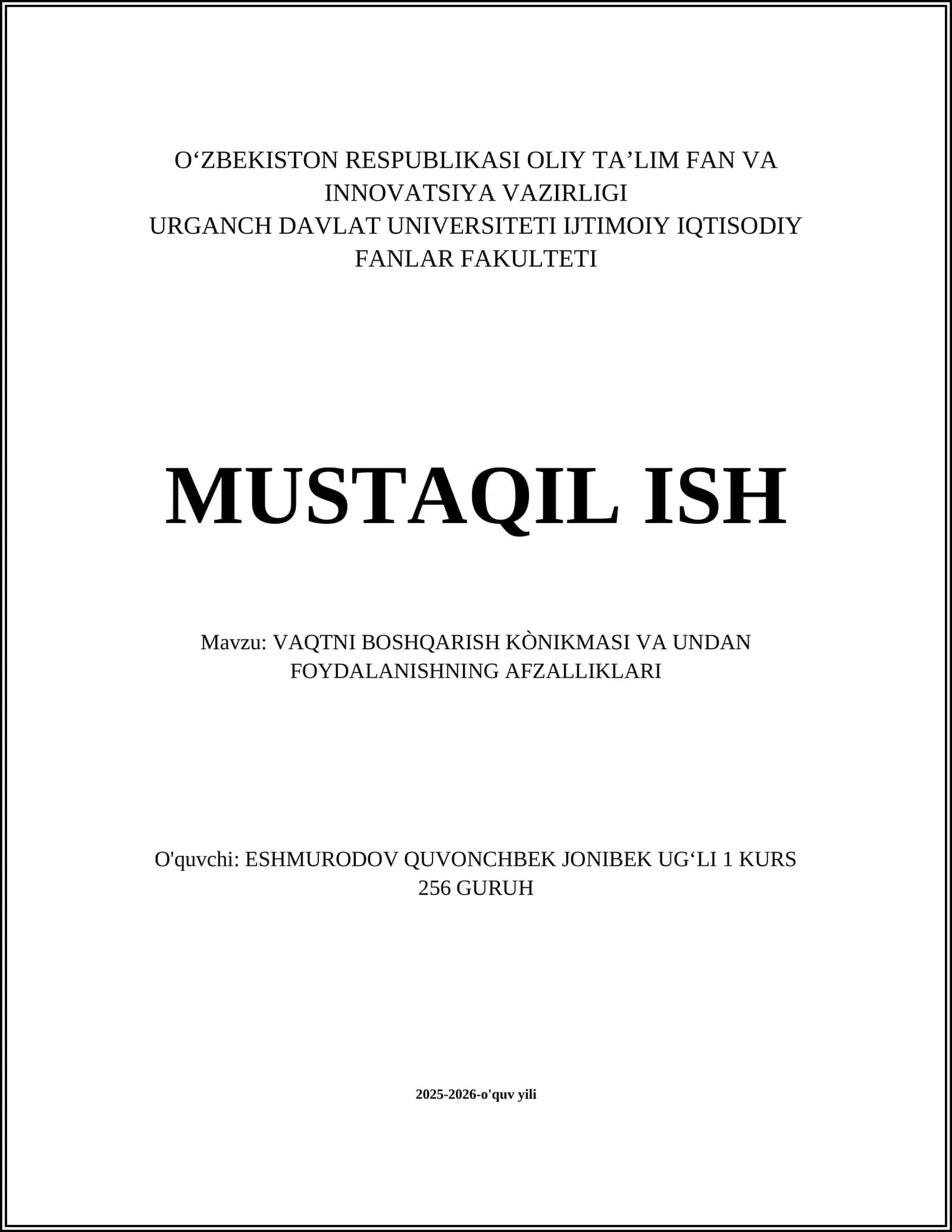 VAQTNI BOSHQARISH KÒNIKMASI VA UNDAN FOYDALANISHNING AFZALLIKLARI
