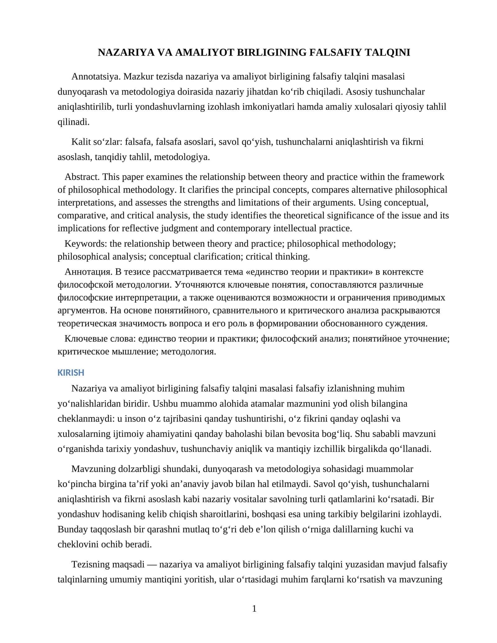 NAZARIYA VA AMALIYOT BIRLIGINING FALSAFIY TALQINI