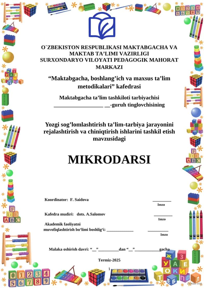 Yozgi sog’lomlashtirish ta’lim-tarbiya jarayonini rejalashtirish va chiniqtirish ishlarini tashkil etish