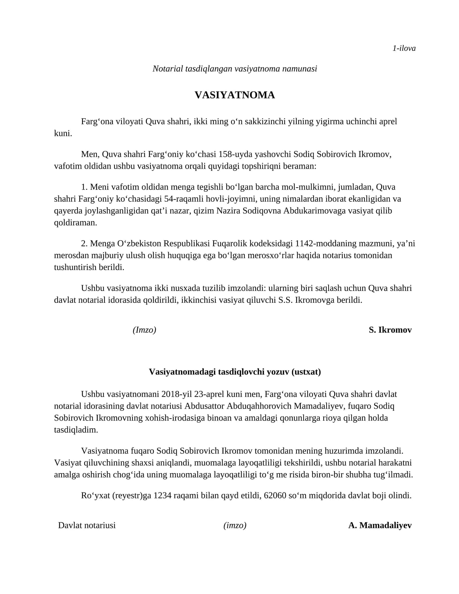Notarial tasdiqlangan vasiyatnoma namunasi