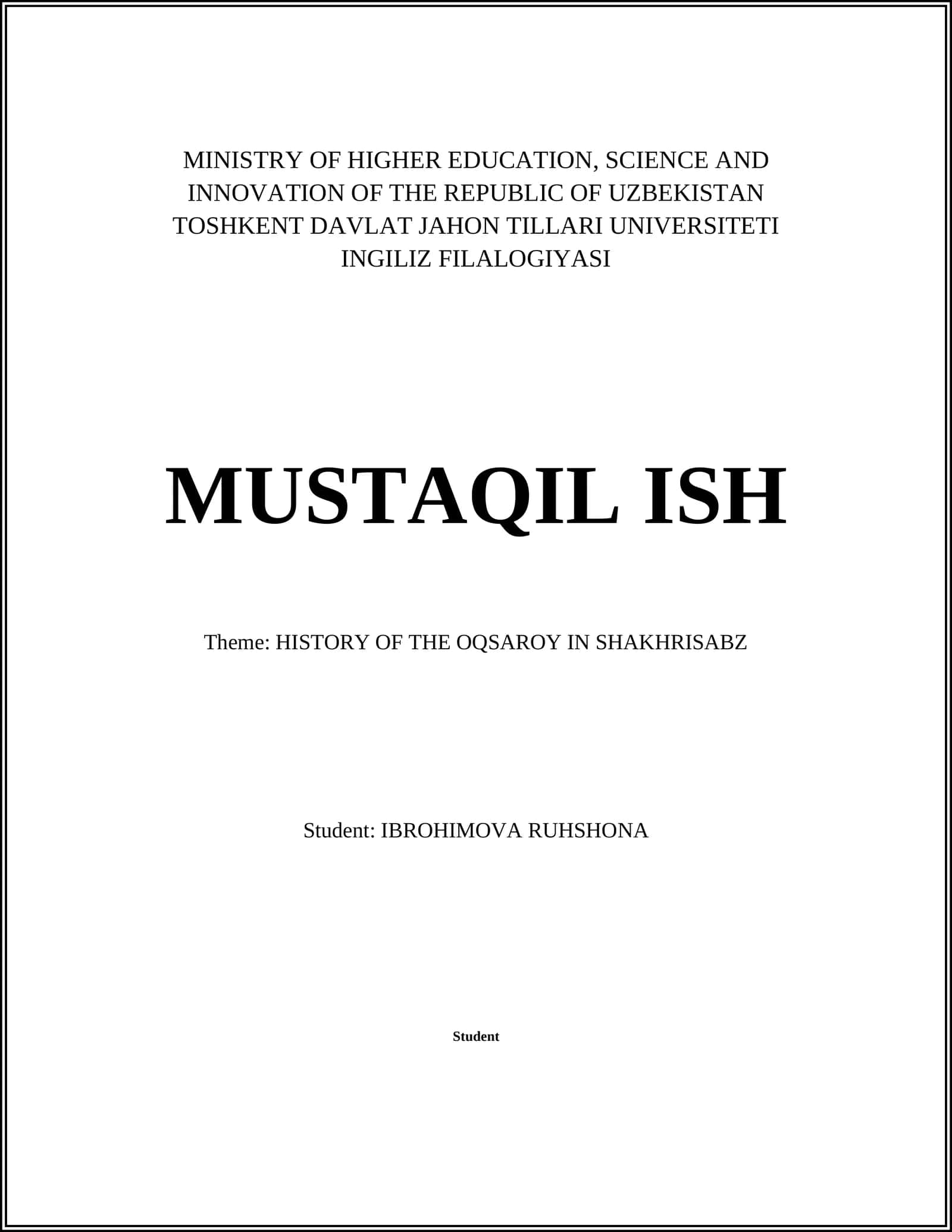 HISTORY OF THE OQSAROY IN SHAKHRISABZ
