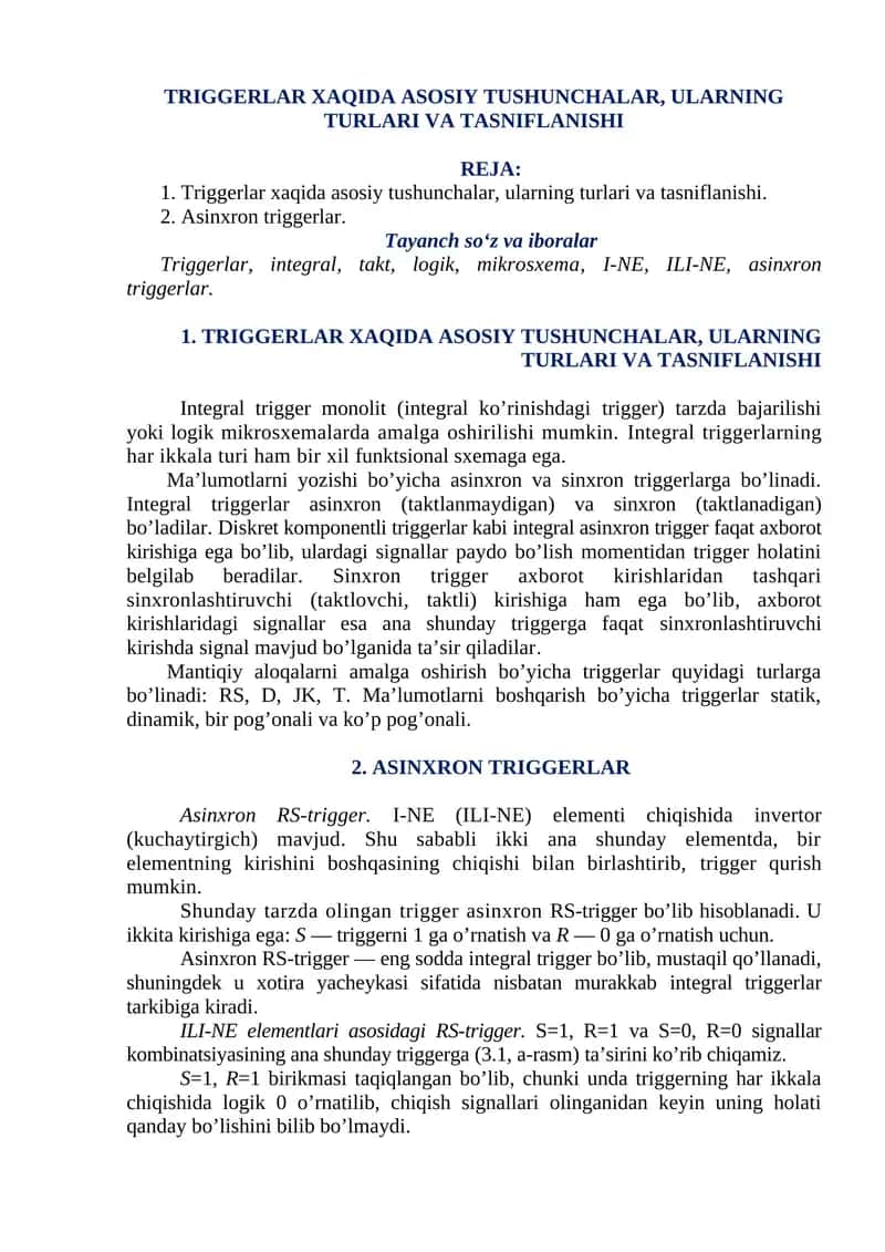 TRIGGERLAR XAQIDA ASOSIY TUSHUNCHALAR, ULARNING TURLARI VA TASNIFLANISHI