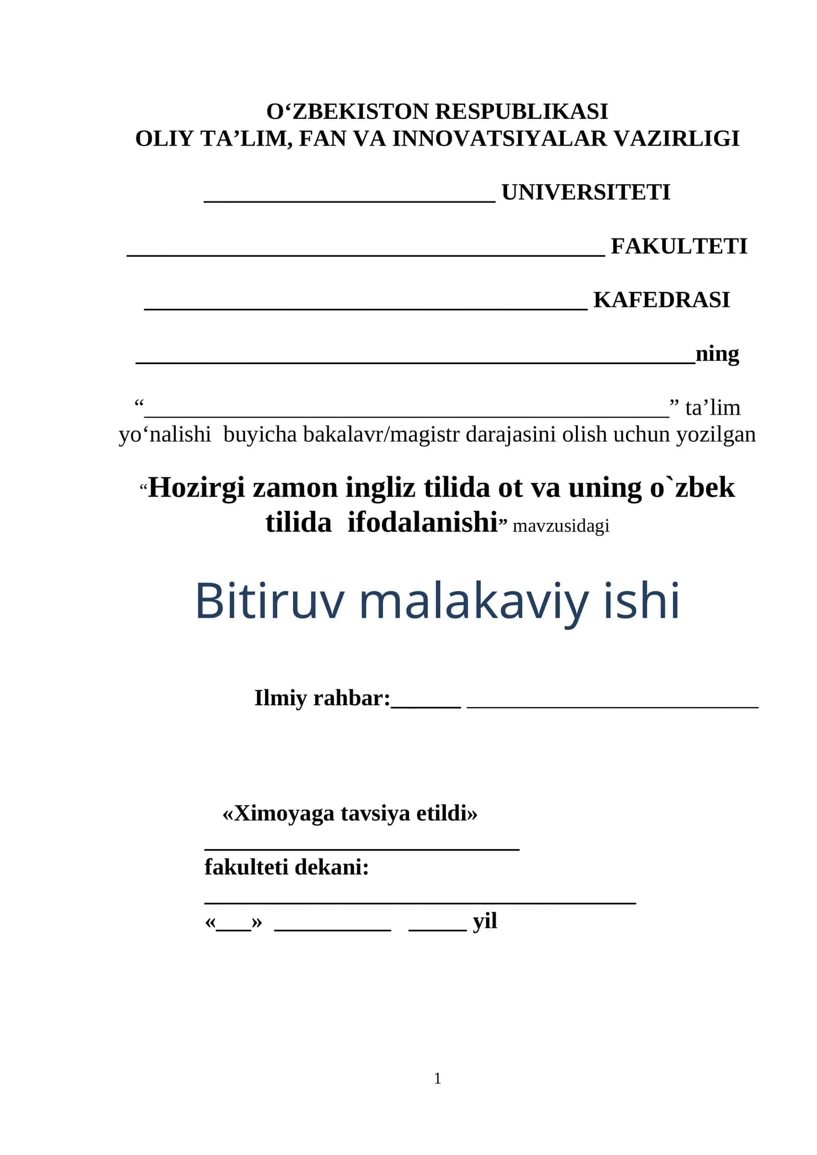 Hozirgi zamon ingliz tilida ot va uning o`zbek tilida ifodalanishi