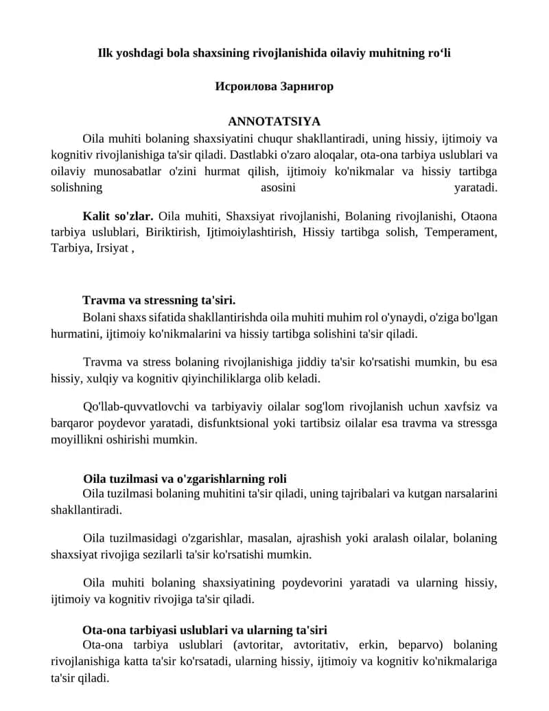 Ilk yoshdagi bola shaxsining rivojlanishida oilaviy muhitning roʻli