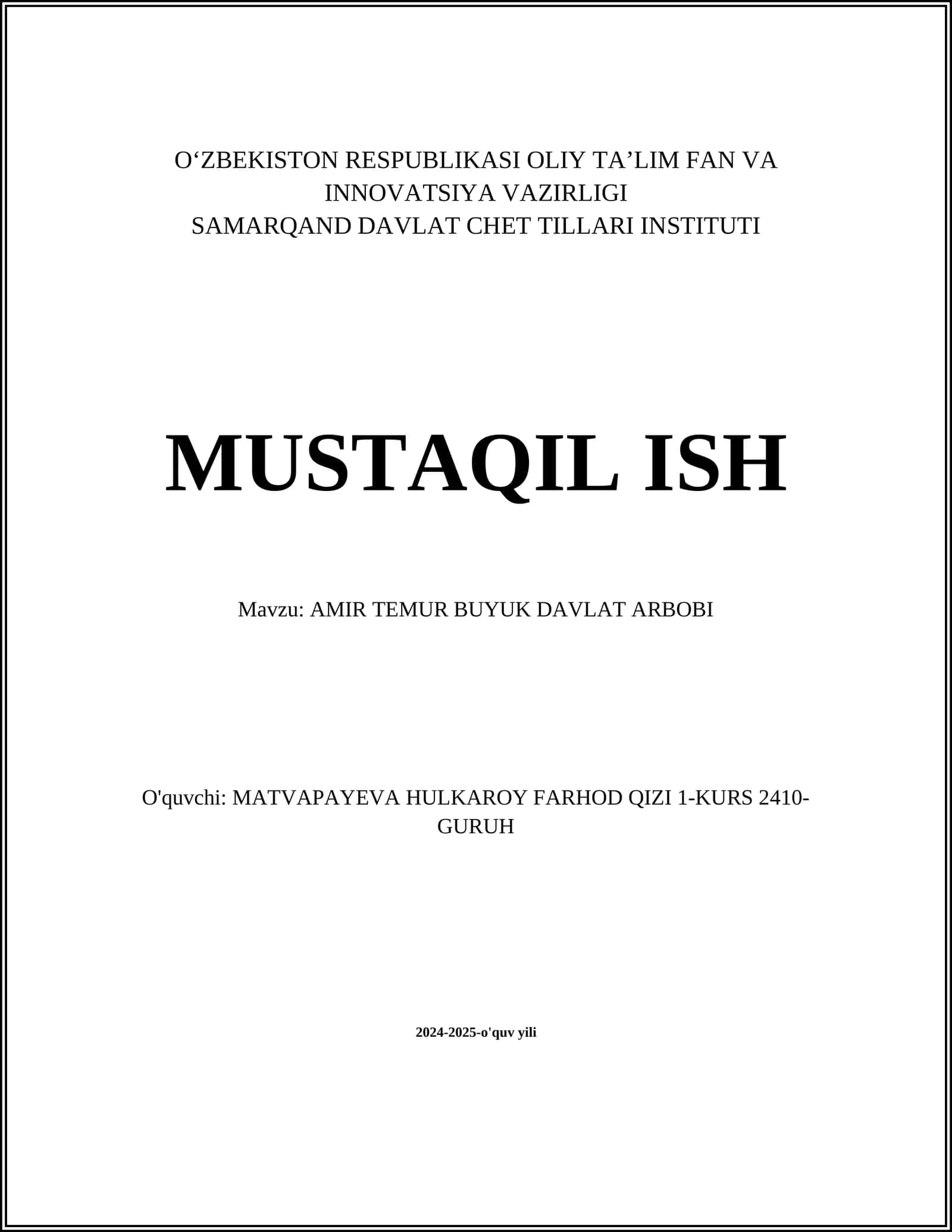 AMIR TEMUR BUYUK DAVLAT ARBOBI