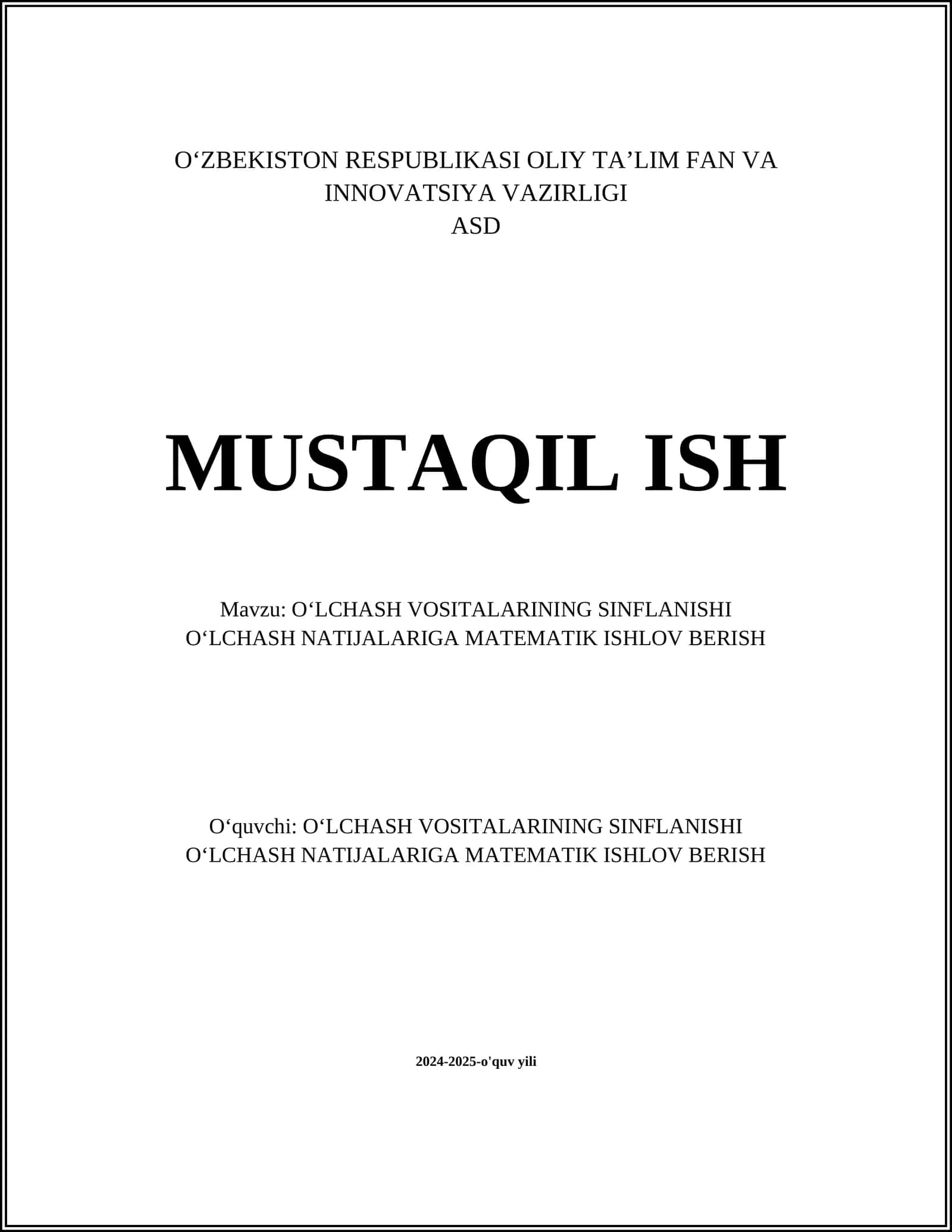 OʻLCHASH VOSITALARINING SINFLANISHI