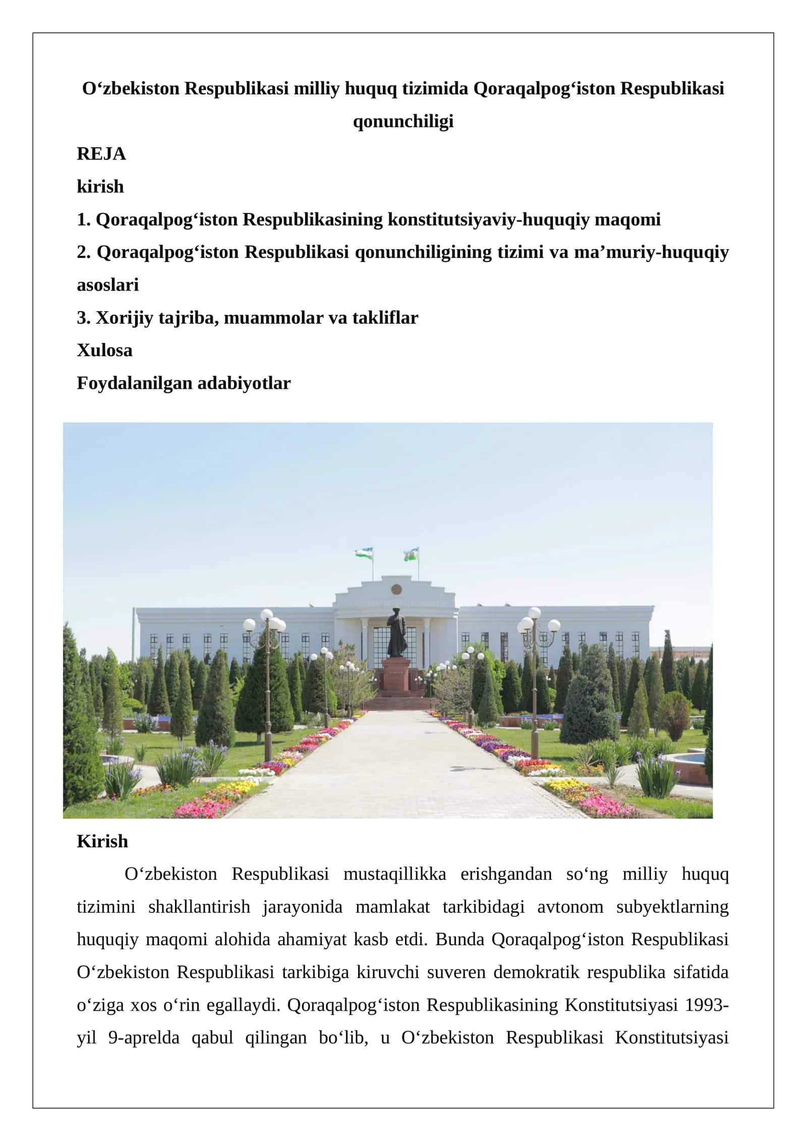 O‘zbekiston Respublikasi milliy huquq tizimida Qoraqalpog‘iston Respublikasi qonunchiligi