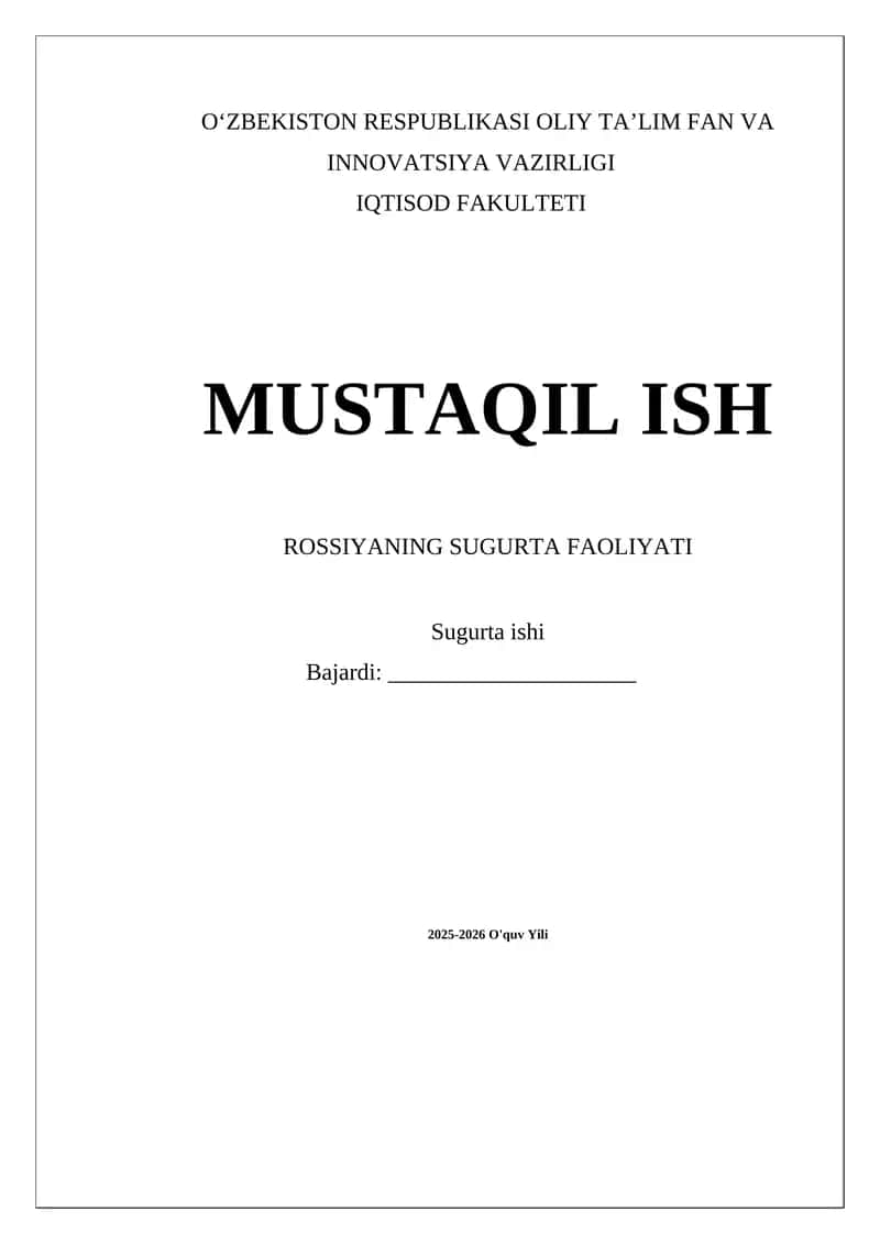 Rossiyaning Sugurta Faoliyati