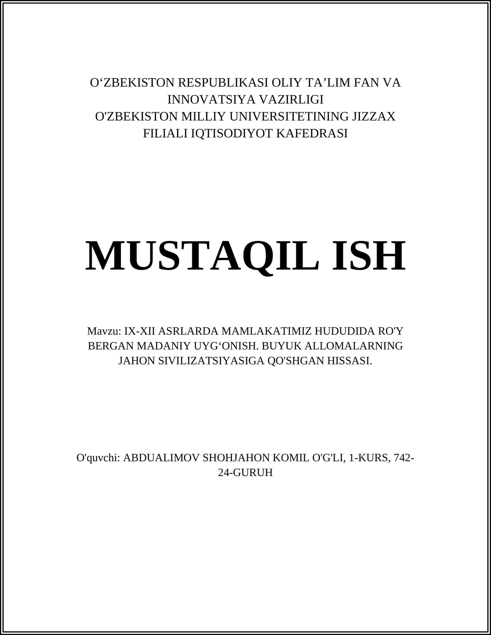 IX-XII asrlarda mamlakatimiz hududida ro'y bergan madaniy uyg‘onish