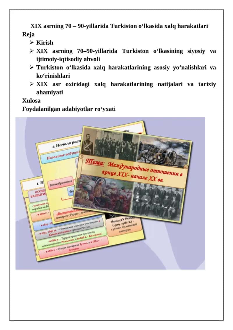 XIX asrning 70 - 90-yillarida Turkiston o‘lkasida xalq harakatlari