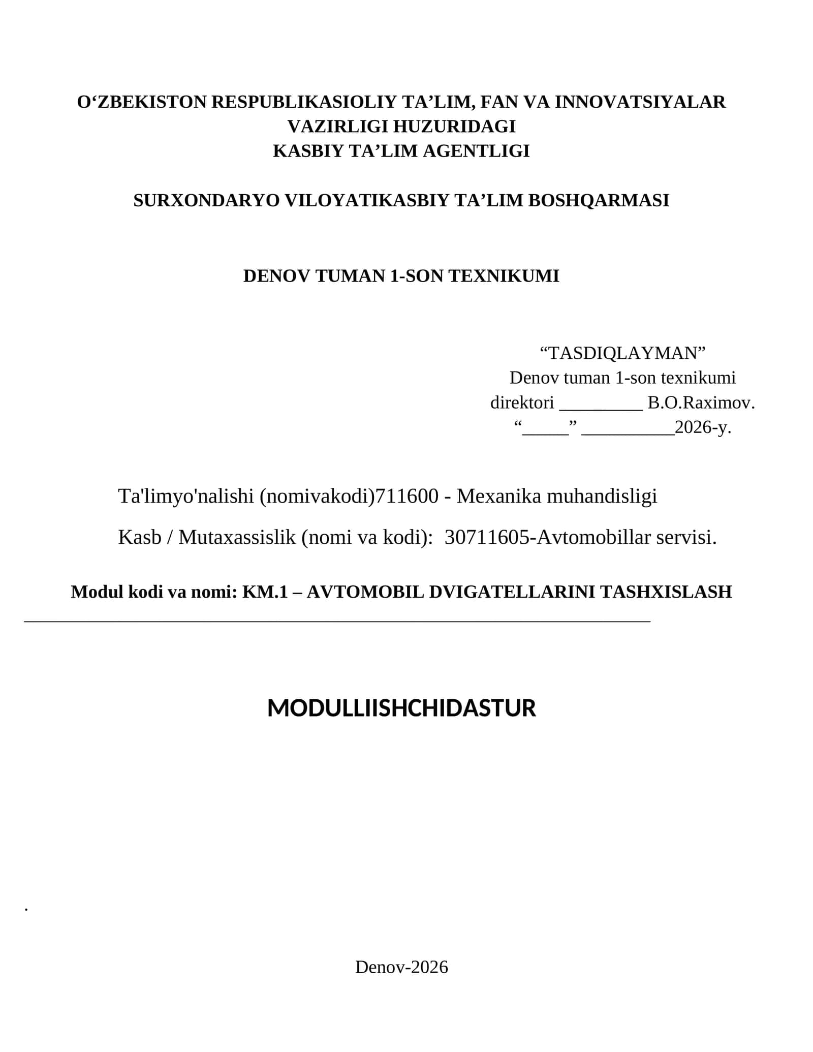 AVTOMOBIL DVIGATELLARINI TASHXISLASH MODULI ISHCHI DASTURI