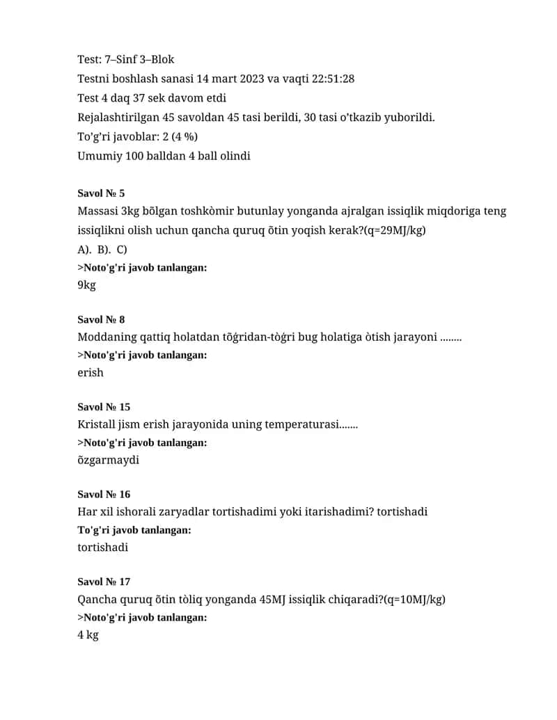 7–Sinf 3–Blok Test