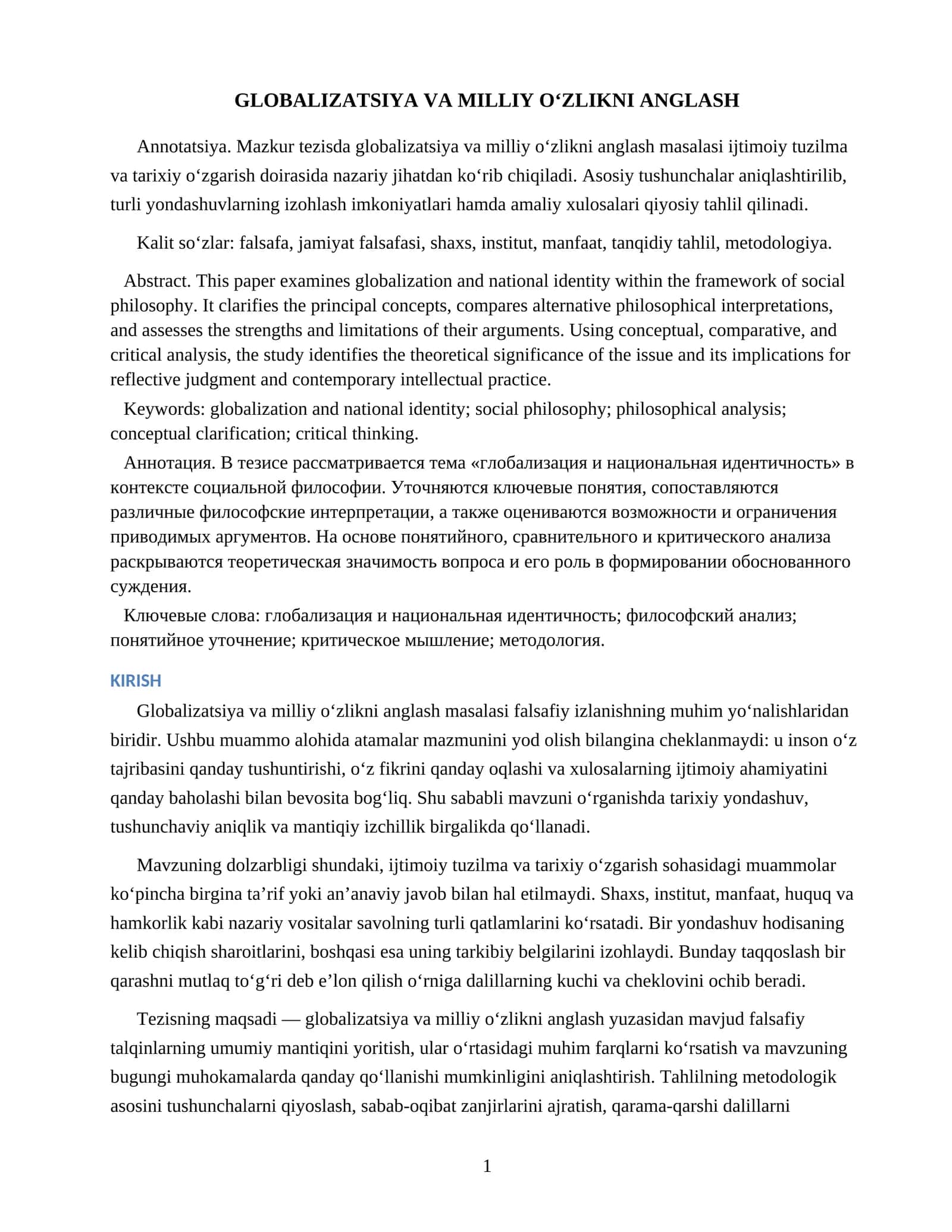 GLOBALIZATSIYA VA MILLIY O‘ZLIKNI ANGLASH
