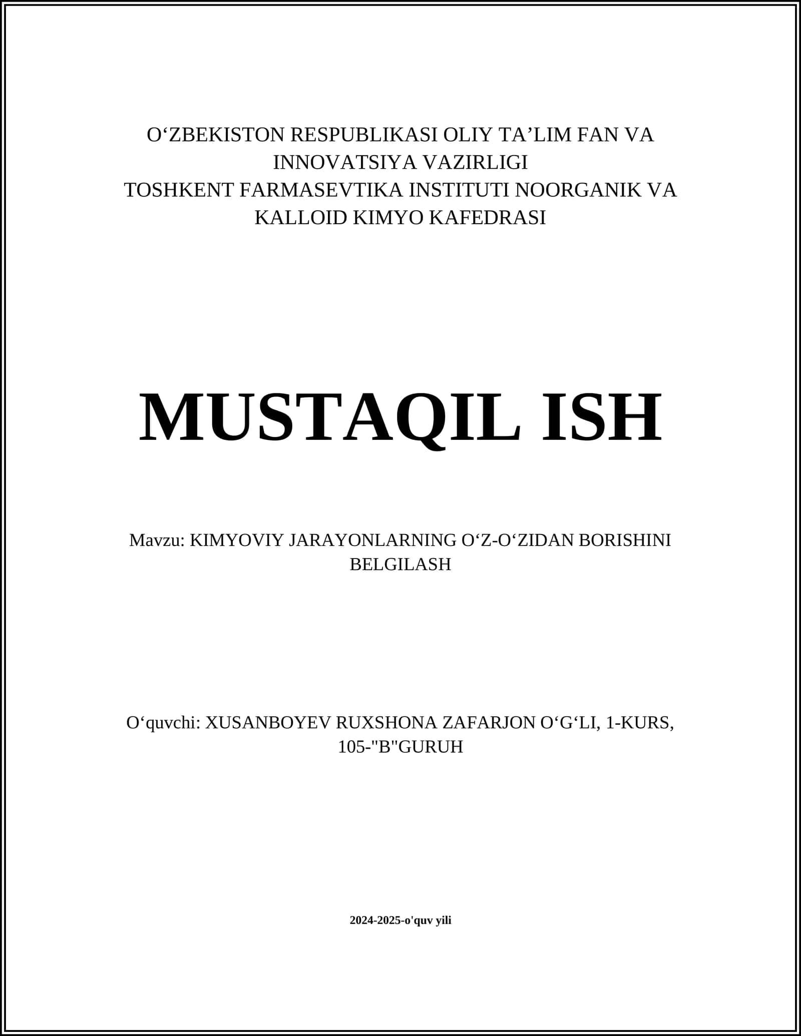 TERMODINAMIKANING BIRINCHI BOSHQONUNI