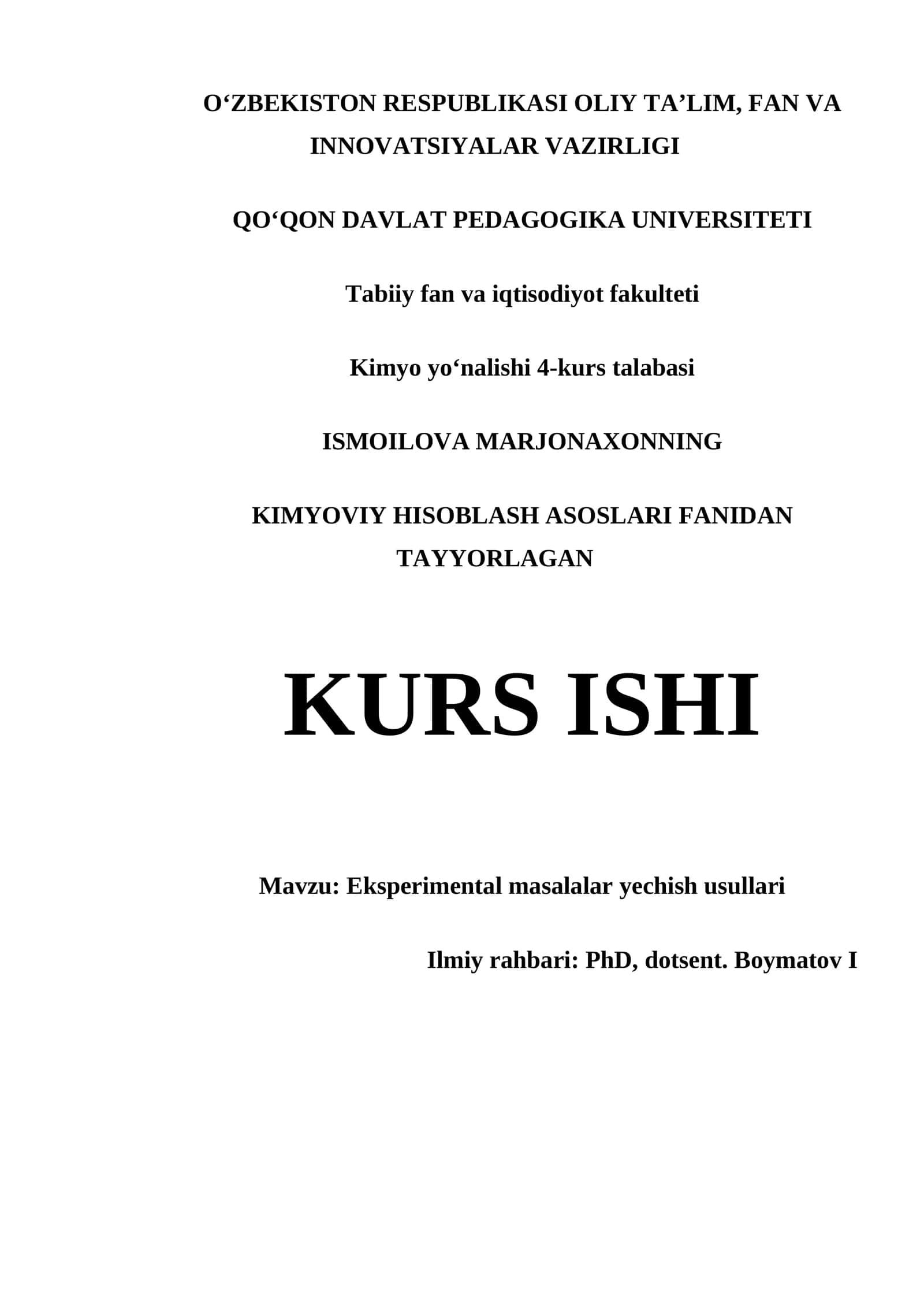 KIMYOVIY HISOBLASH ASOSLARI FANIDAN TAYYORLAGAN KURS ISHI