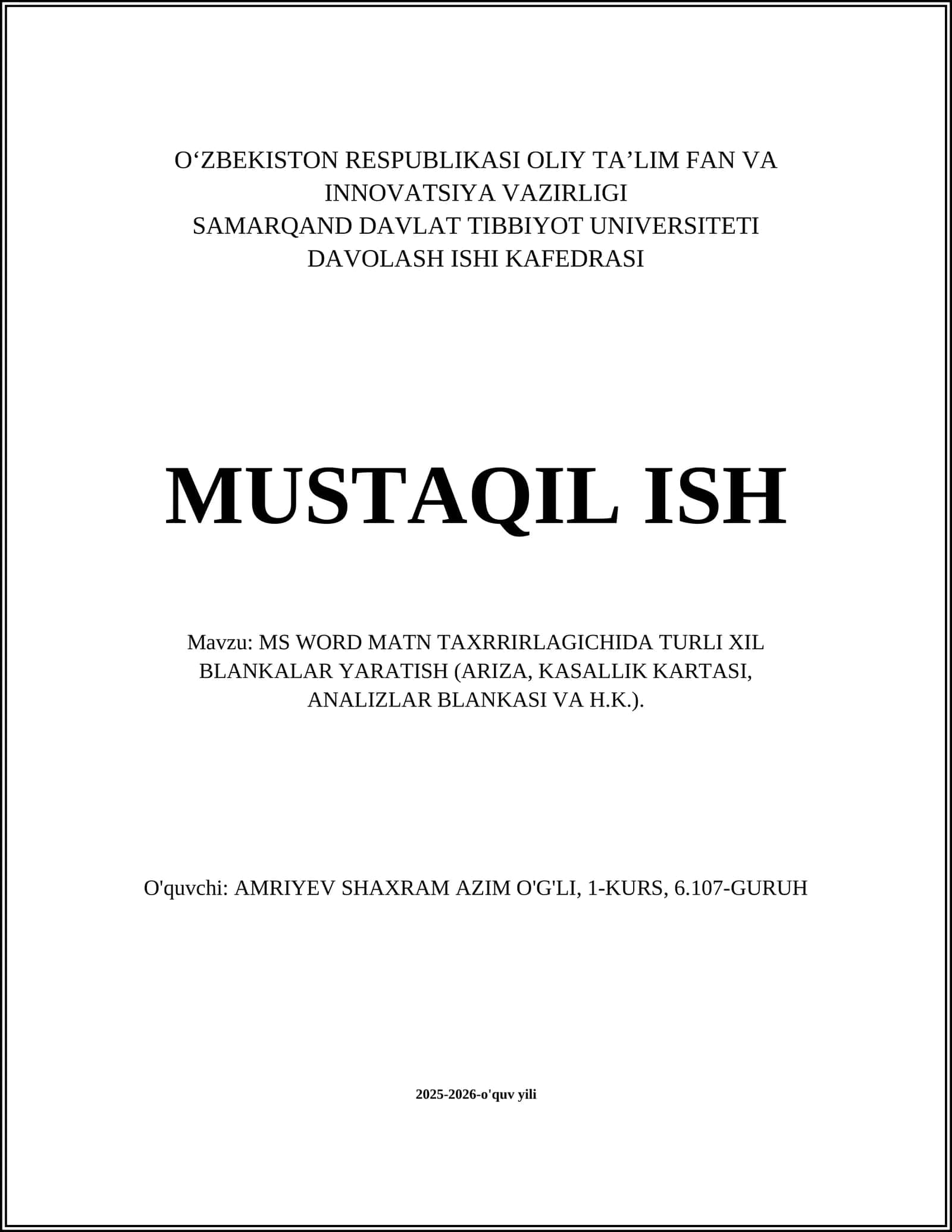 MS WORD MATN TAXRRIRLAGICHIDA TURLI XIL BLANKALAR YARATISH