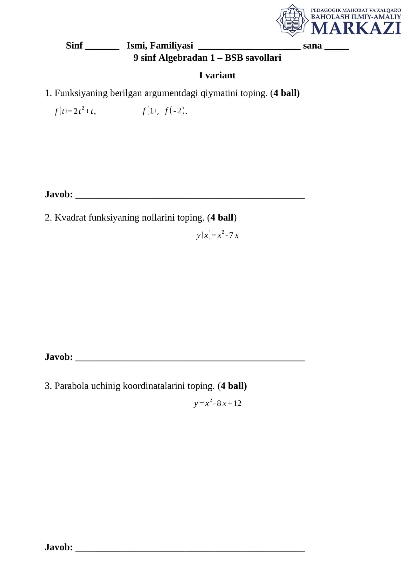 9 sinf Algebradan 1 - BSB savollari