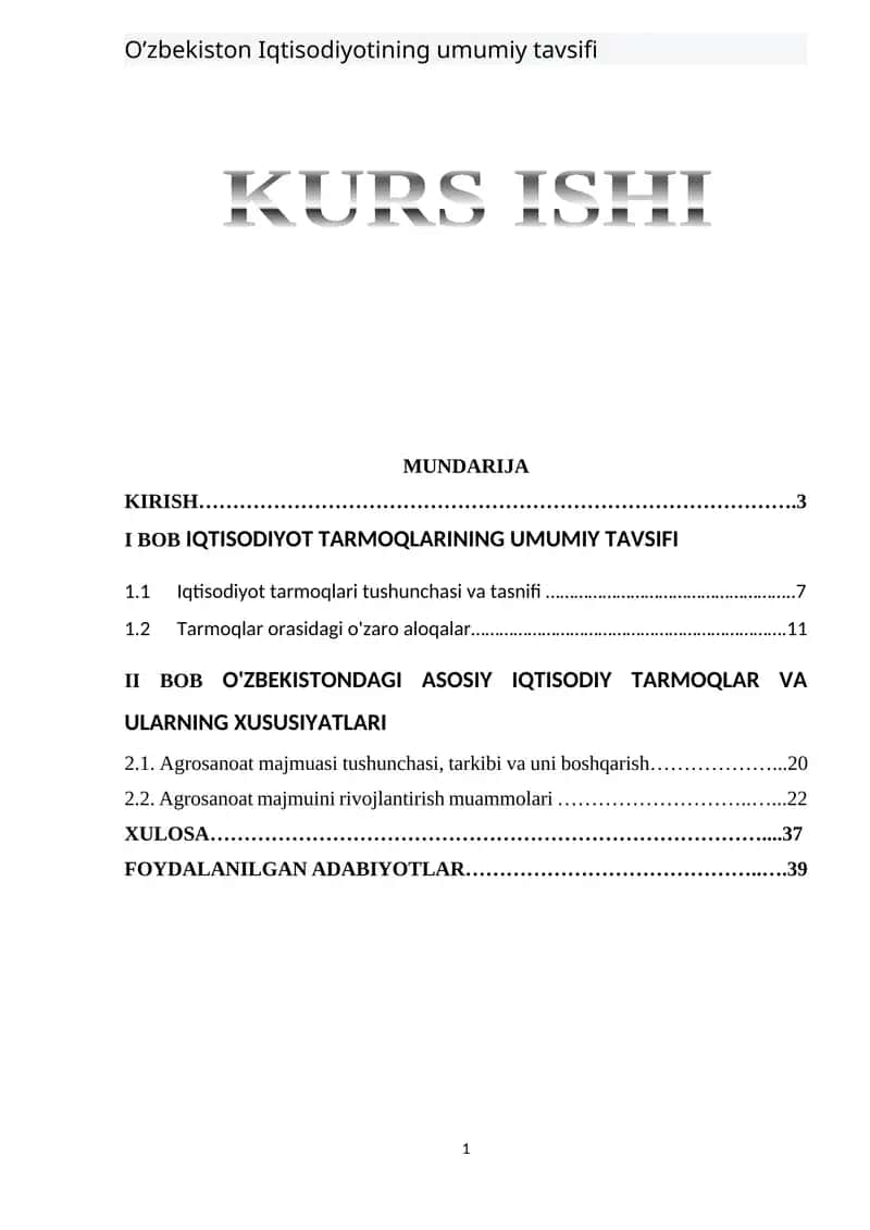 O’zbekiston Iqtisodiyotining umumiy tavsifi