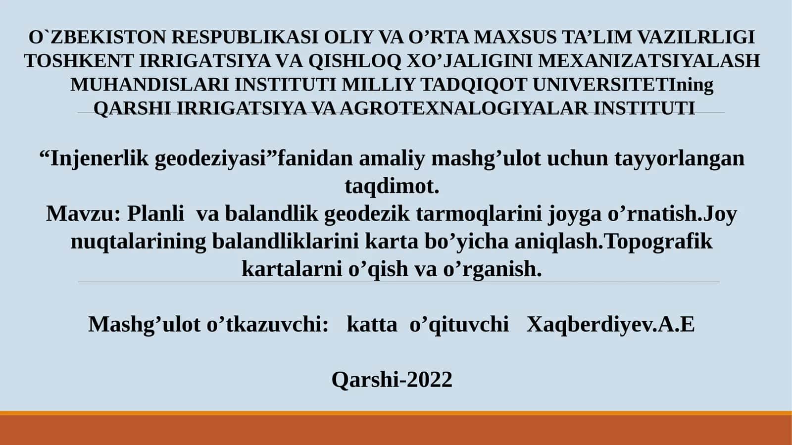 Injenerlik geodeziyasi fanidan amaliy mashg'ulot uchun taqdimot