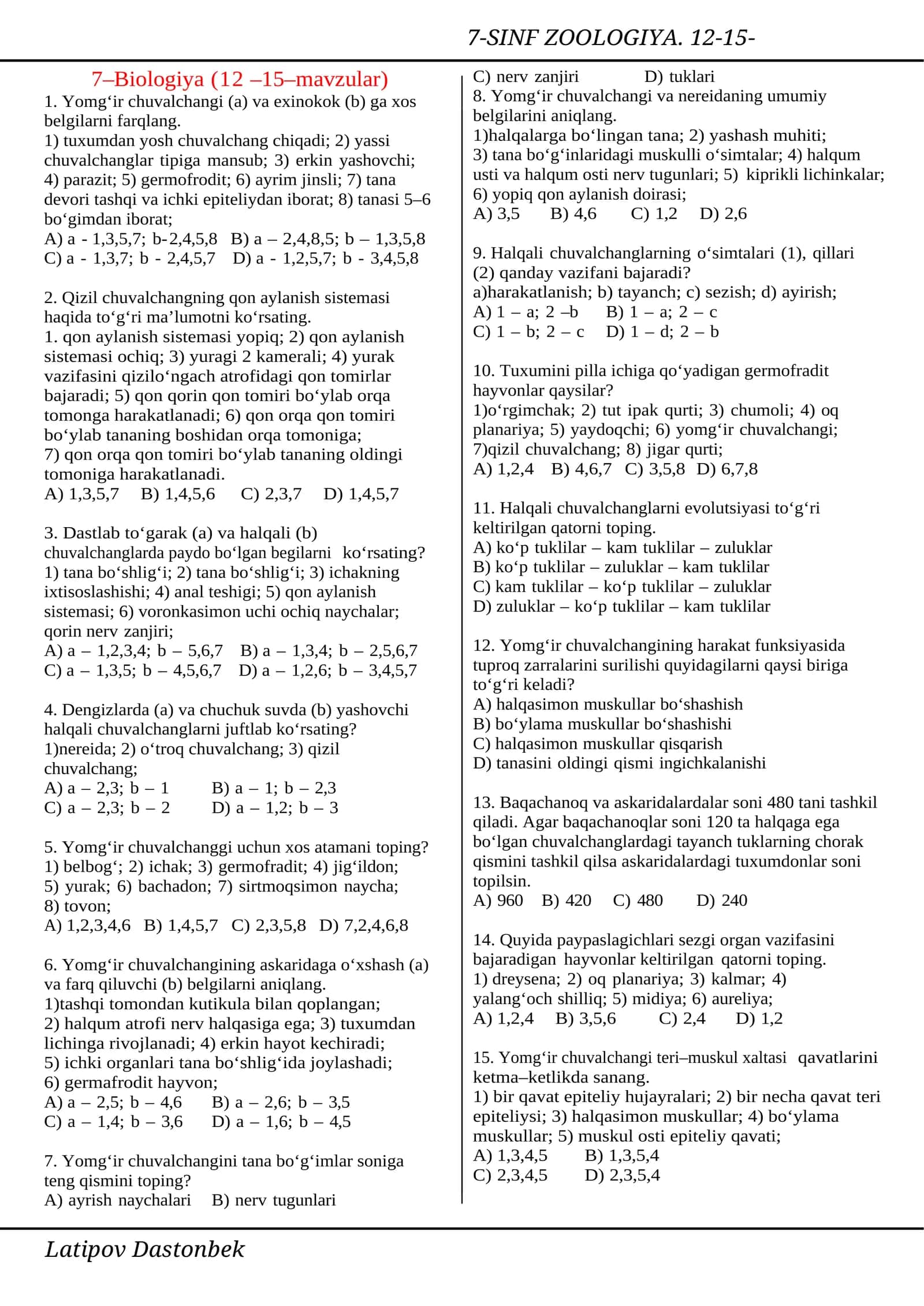 7-SINF ZOOLOGIYA. 12-15-MAVZULAR